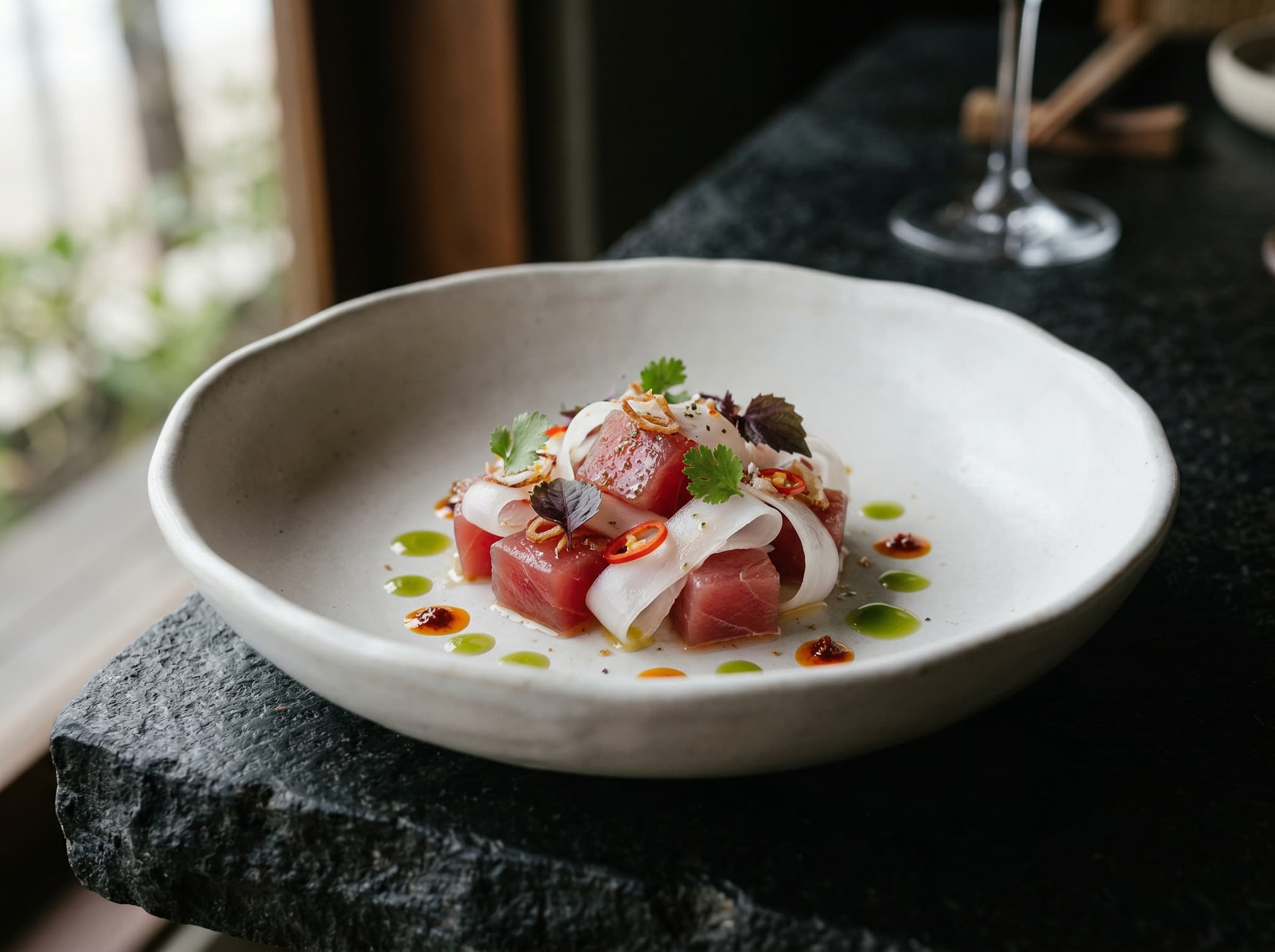 A beautifully plated tasting menu course at Mejekawi — a raw yellowfin preparation with young coconut and kaffir lime, representing the restaurant's ingredient-driven approach rooted in Balinese produce and modern technique.