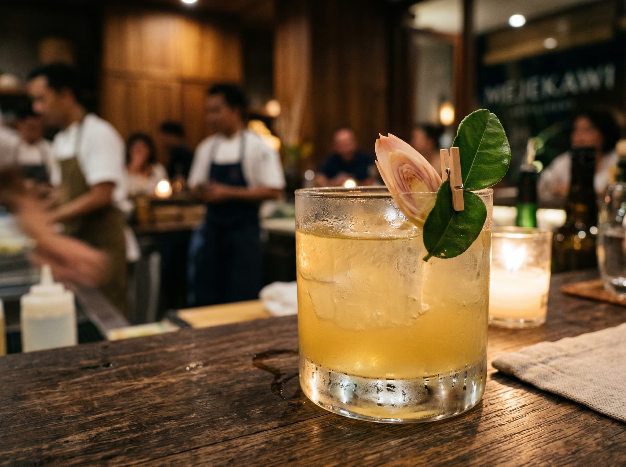 A cocktail pairing course at Mejekawi featuring local Indonesian spirits and botanicals — a handcrafted drink garnished with torch ginger or pandan, reflecting the restaurant's approach of mirroring the tasting menu's flavors in its beverage program.