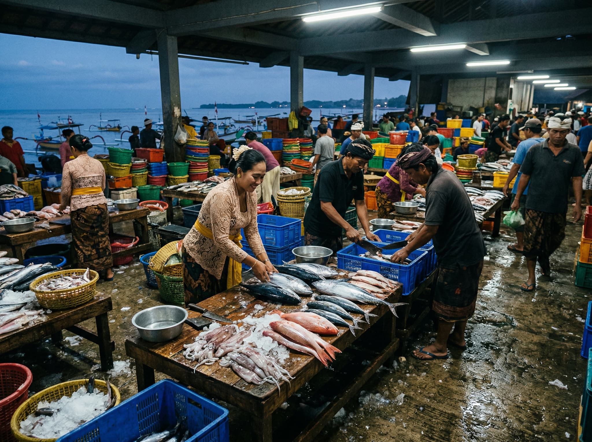 Jimbaran fish market at dawn — the morning market on Bali's southern coast that supplies Mejekawi's kitchen with fresh seafood daily, illustrating the restaurant's genuine relationship with local sourcing that shapes its tasting menu.