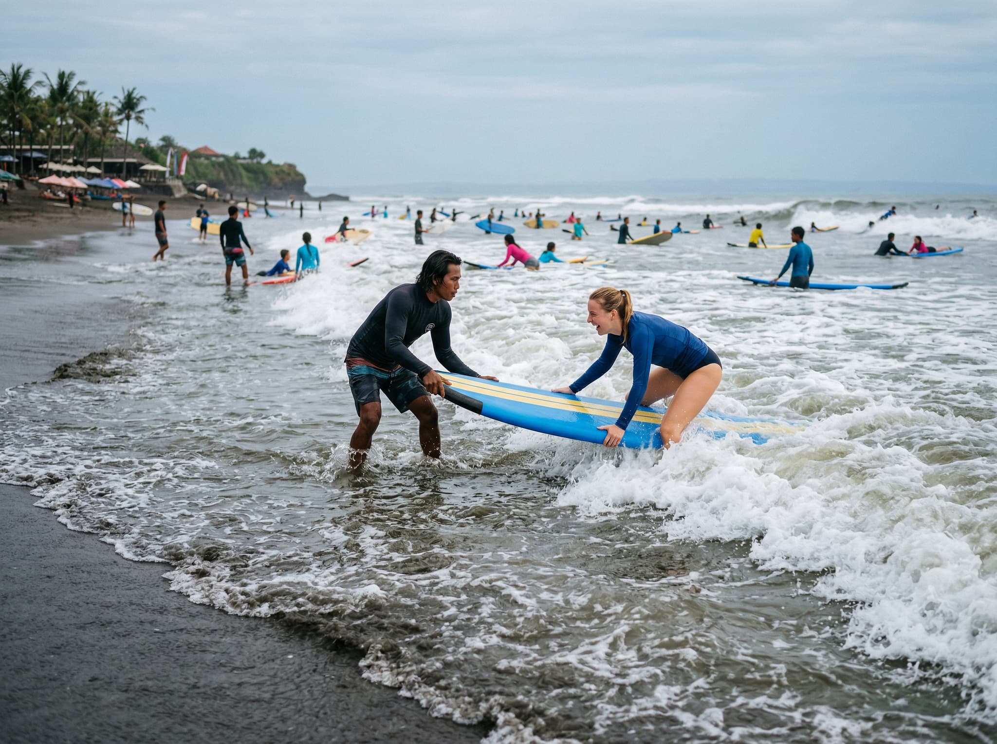 Beginner surfers taking a lesson in the gentle whitewater at Batu Bolong Beach, Canggu — an instructor pushing a student into a wave on a longboard, illustrating the accessible surf culture that makes this Bali's most popular learn-to-surf spot