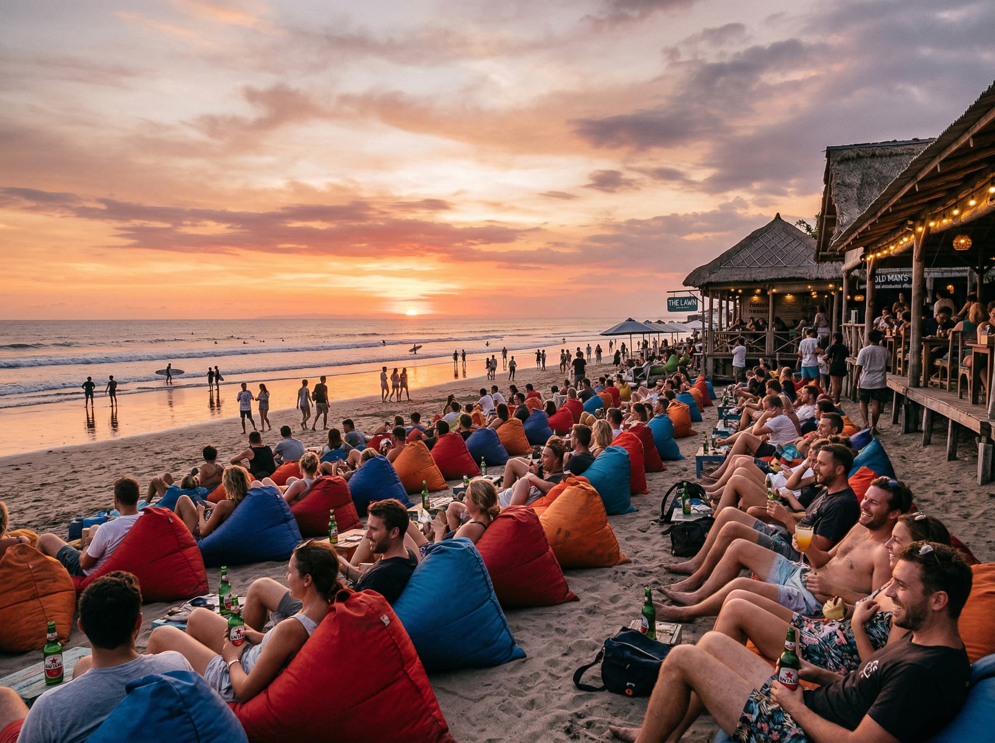 The late-afternoon sunset scene at Batu Bolong Beach, Canggu — beachgoers on beanbags facing the ocean, warungs lit up behind them, cocktails in hand, as the sky turns orange over the Indian Ocean horizon, capturing the social ritual that defines this beach's identity