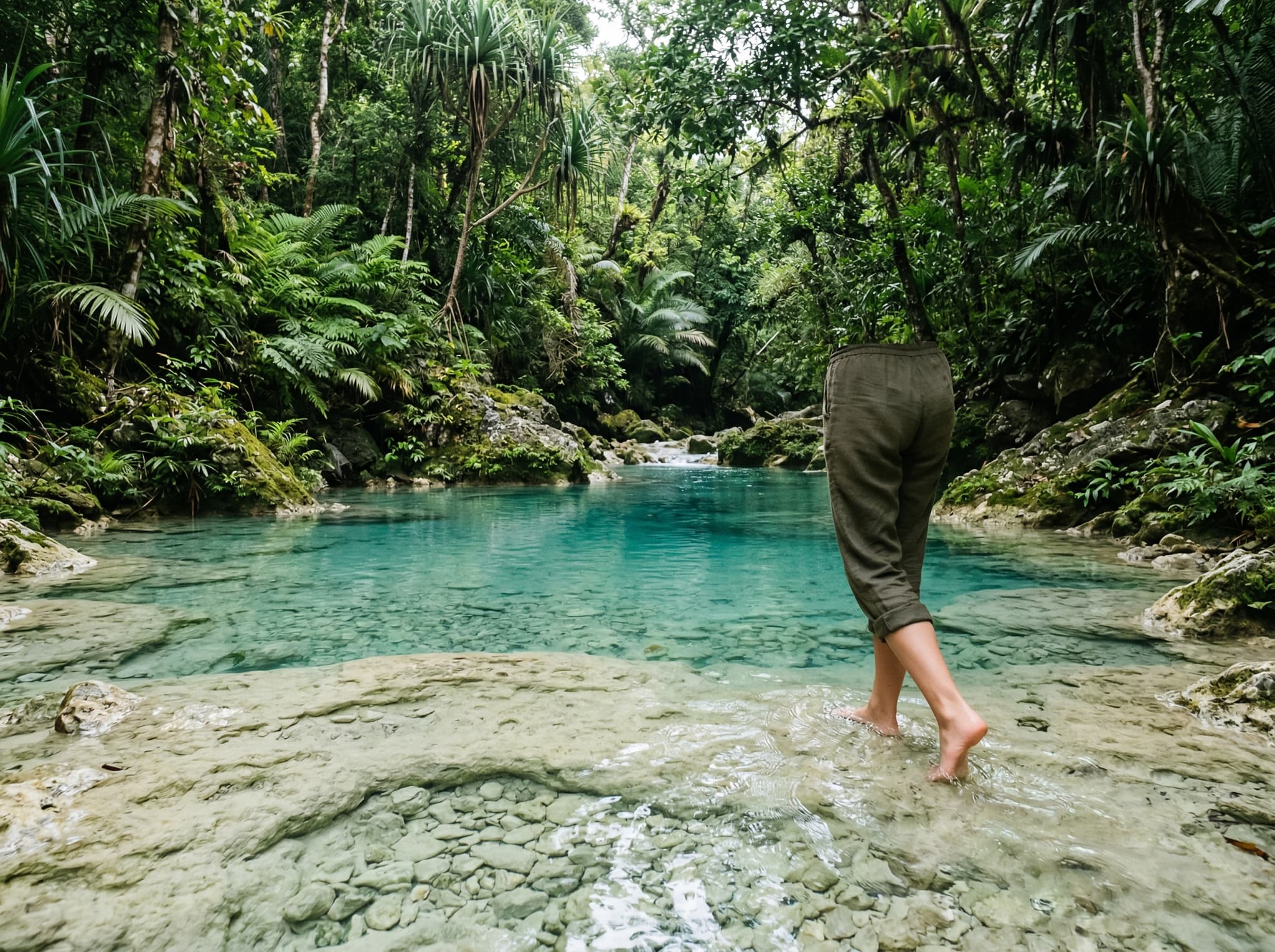 Wading in the shallow pools of Kali Biru, Waigeo Island — a visitor sitting or standing in the crystal-clear blue-green water surrounded by jungle, conveying the tactile, immersive experience of the river described in the 'What to Expect' section