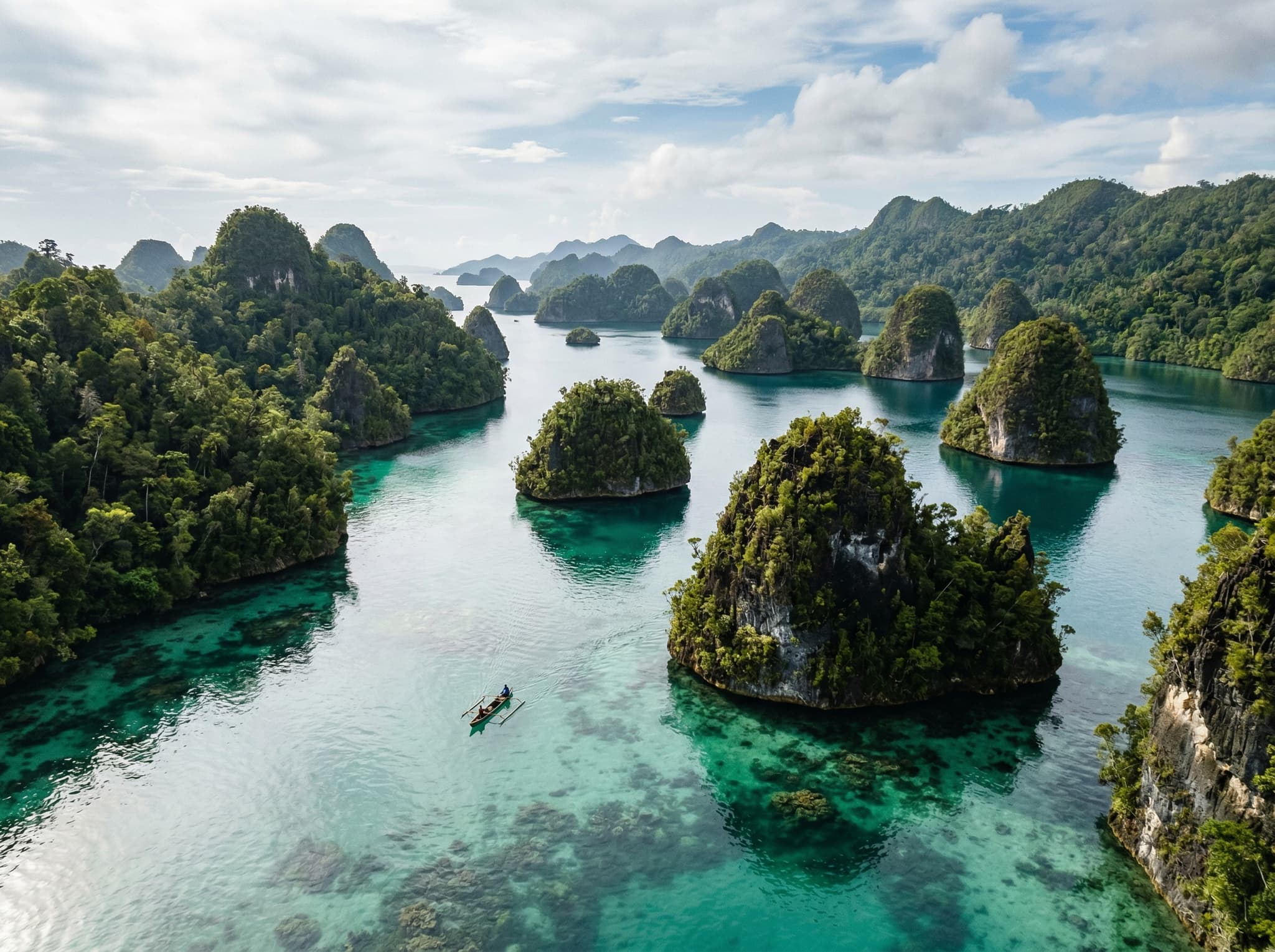 Kabui Bay karst rock formations near Waigeo Island, Raja Ampat — dramatic limestone islands rising from calm water, representing the broader Raja Ampat landscape context and the 'Combine With' activities section linking Kali Biru to other Waigeo excursions