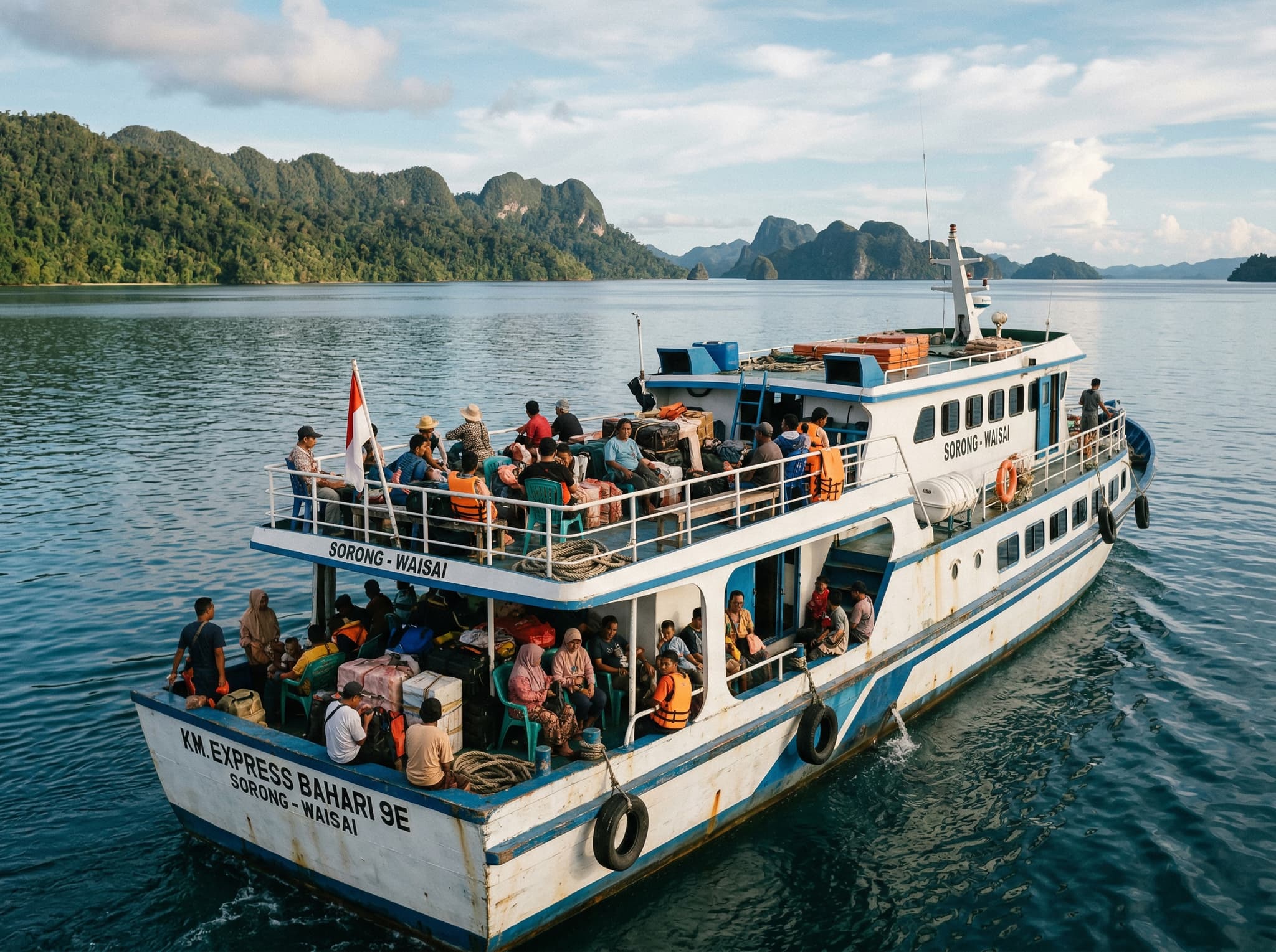 Sorong airport or Sorong-to-Waisai public ferry on the water, West Papua — showing the practical journey to reach Raja Ampat described in the practical notes and FAQ, grounding the article's logistics section with a real sense of arrival