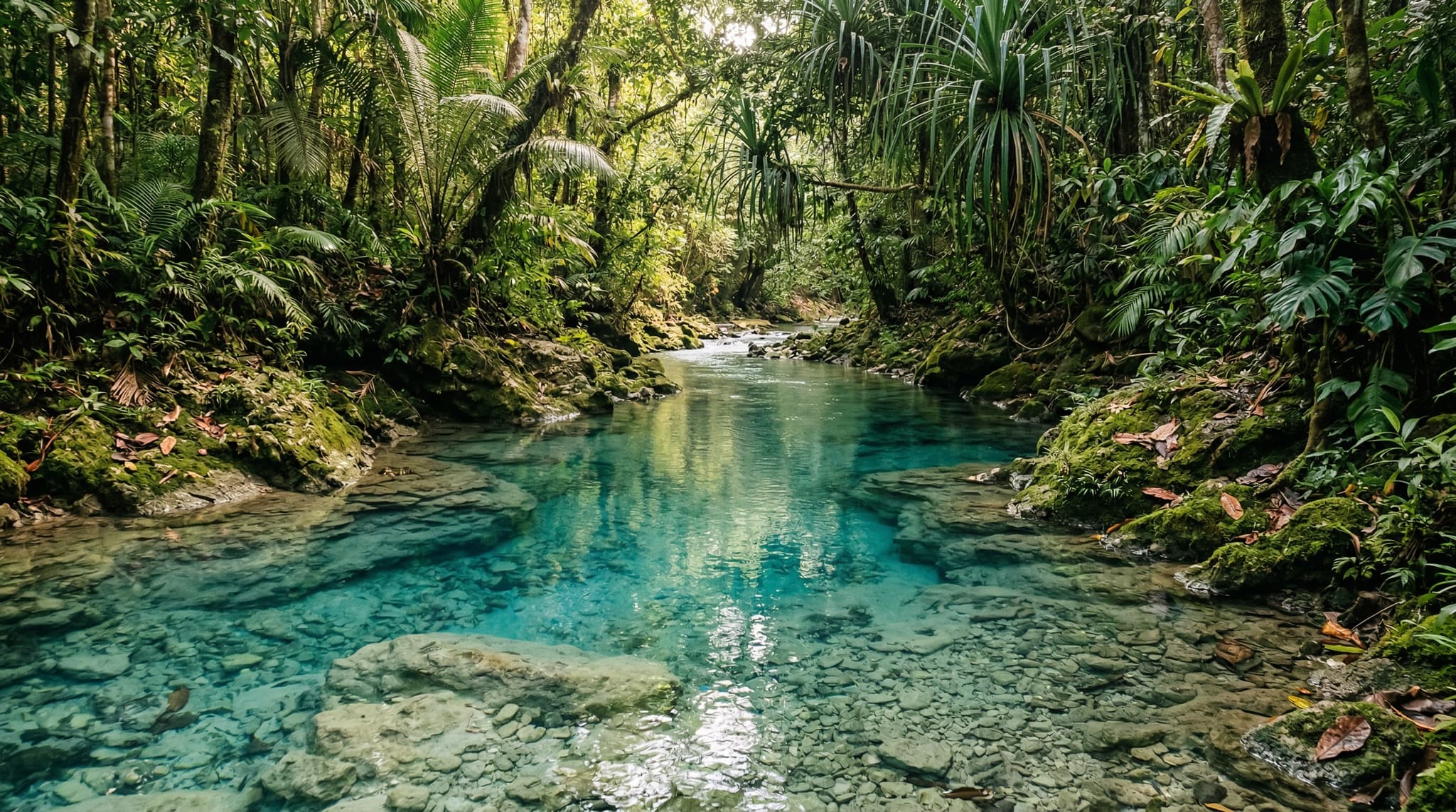 Kali Biru (Blue River) on Waigeo Island, Raja Ampat — a shallow freshwater stream glowing with vivid turquoise-blue water flowing over smooth limestone riverbed, surrounded by dense tropical jungle canopy filtering golden light, illustrating the article's central subject: a freshwater wonder hidden in Raja Ampat's interior