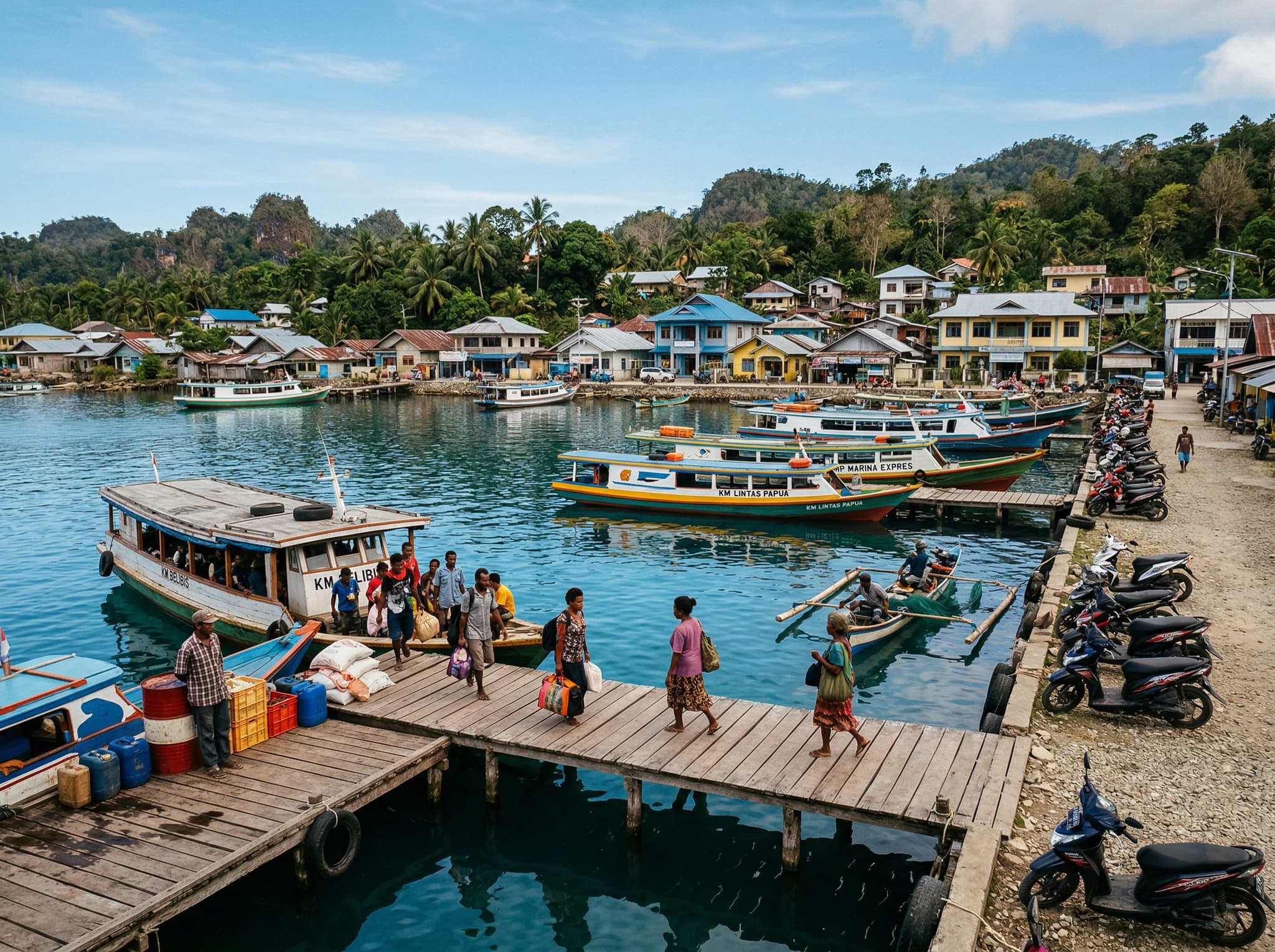 Waisai town on Waigeo Island's southern coast — the regency capital and main arrival point for Raja Ampat visitors, showing the ferry terminal or waterfront where travelers begin their journey toward Kali Biru and other Waigeo destinations