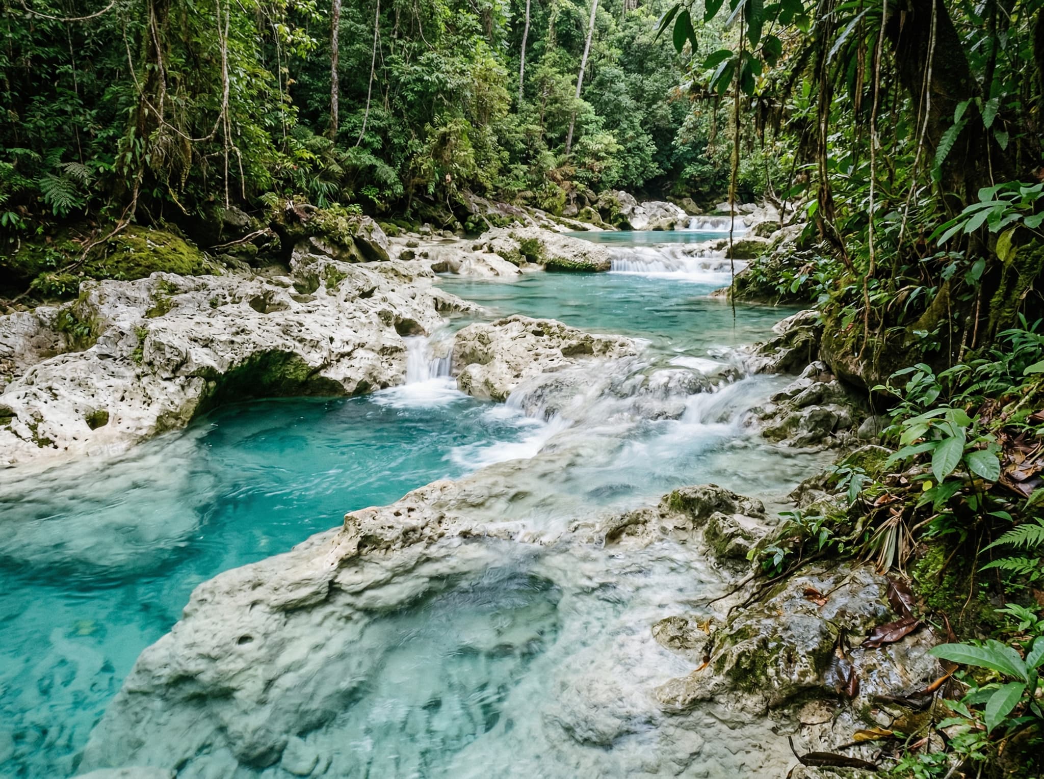 Karst limestone terrain on Waigeo Island, Raja Ampat — porous ancient rock formations typical of the island's interior geology, explaining the calcium carbonate process that gives Kali Biru its distinctive blue-green color