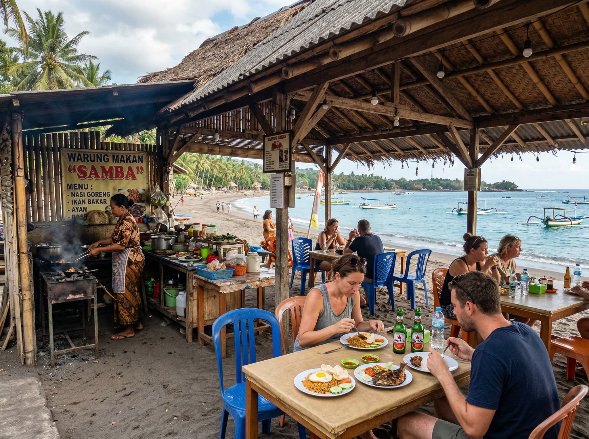 A small beachside warung or local restaurant in Mangsit serving Indonesian food — nasi goreng, grilled fish — with plastic chairs, a simple thatched roof, and the beach visible just beyond, capturing the low-key dining scene that defines Mangsit's unpretentious food culture