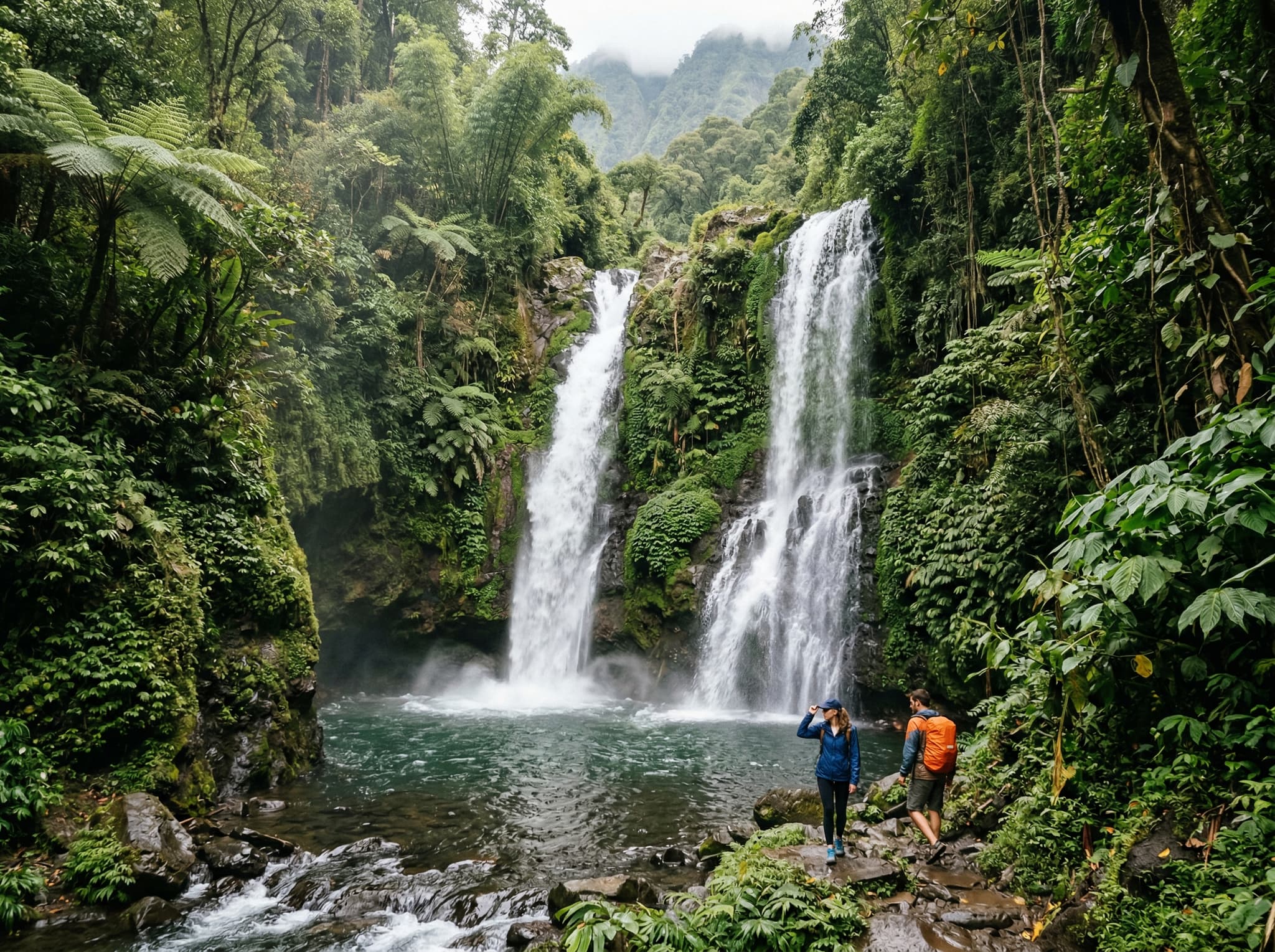 Sendang Gile or Tiu Kelep waterfall near Mount Rinjani, Lombok — a lush jungle waterfall accessible as a full-day tour from Mangsit, representing the inland day-trip options available to guests staying on the west coast