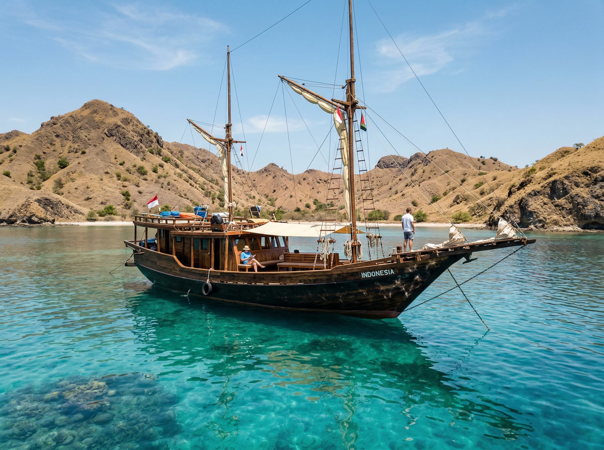 Traditional Phinisi wooden sailing boat anchored in calm turquoise waters near Komodo National Park — representing the multi-day liveaboard experience described in the tour options section