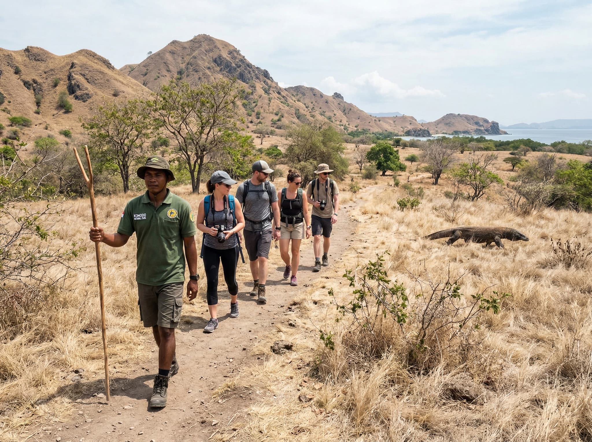 A park ranger leading a small group of trekkers on a guided dragon trek through dry scrubland on Komodo Island — illustrating the mandatory ranger accompaniment and forked-stick safety protocol described in the article