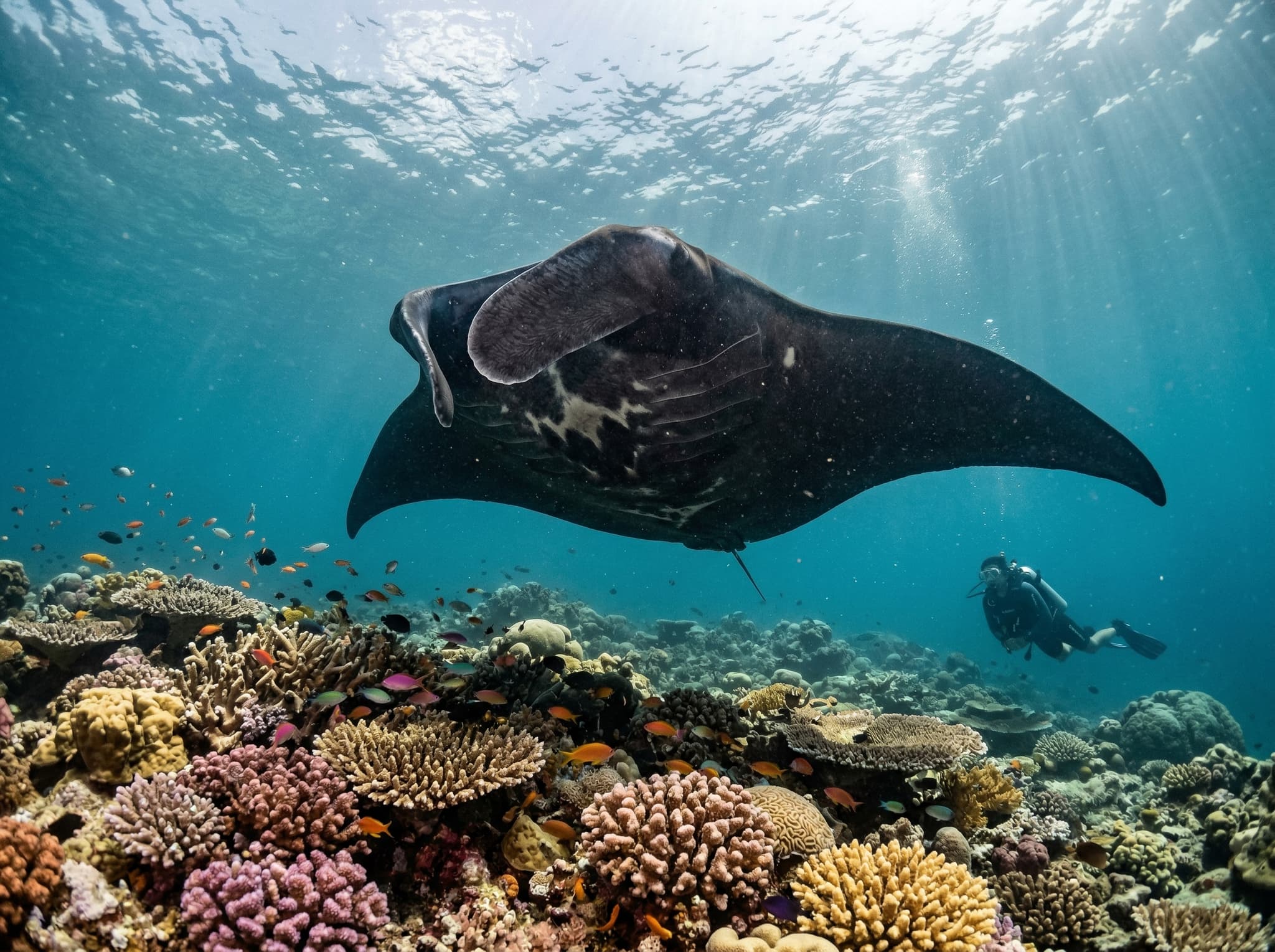 Underwater scene in Komodo National Park showing a manta ray gliding over a coral reef — representing the world-class marine biodiversity that makes the park a complete destination beyond the dragon encounters