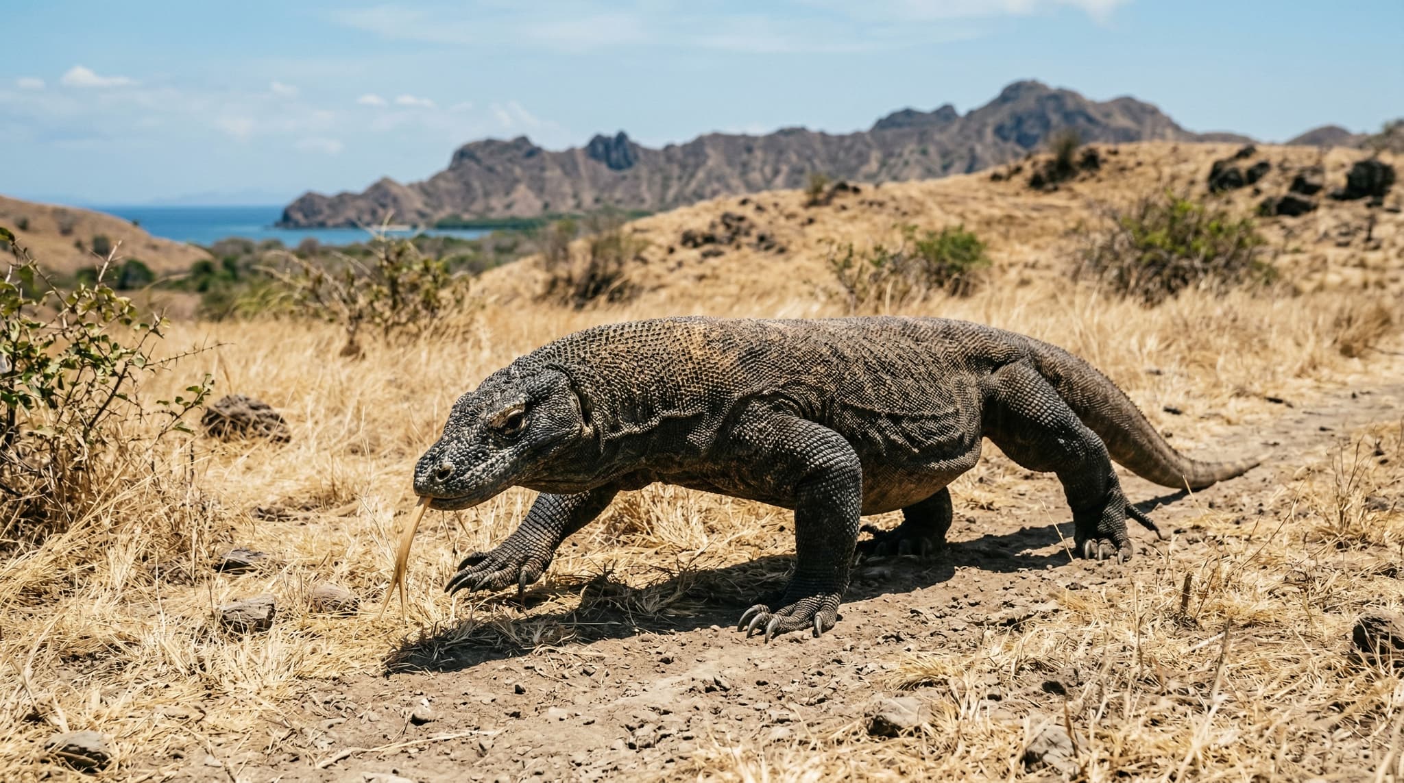 A Komodo dragon walking across dry savanna terrain on Komodo Island, Indonesia — the world's largest living lizard in its natural habitat, establishing the wild, prehistoric character of the destination