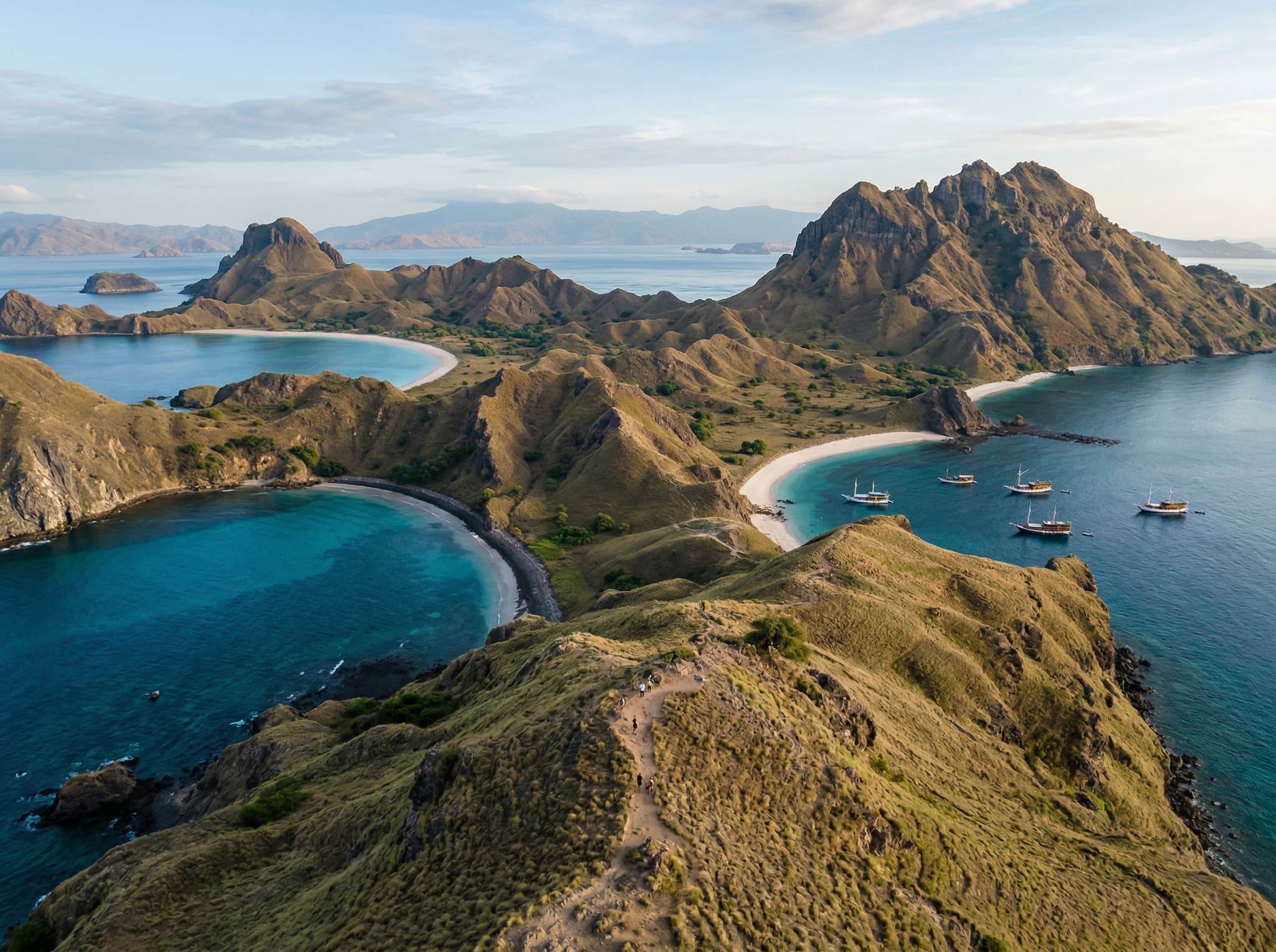 Aerial view of Padar Island in Komodo National Park, showing the iconic three-bay ridgeline viewpoint — one of the most recognizable landscapes in the park and a standard stop on day-trip itineraries from Labuan Bajo