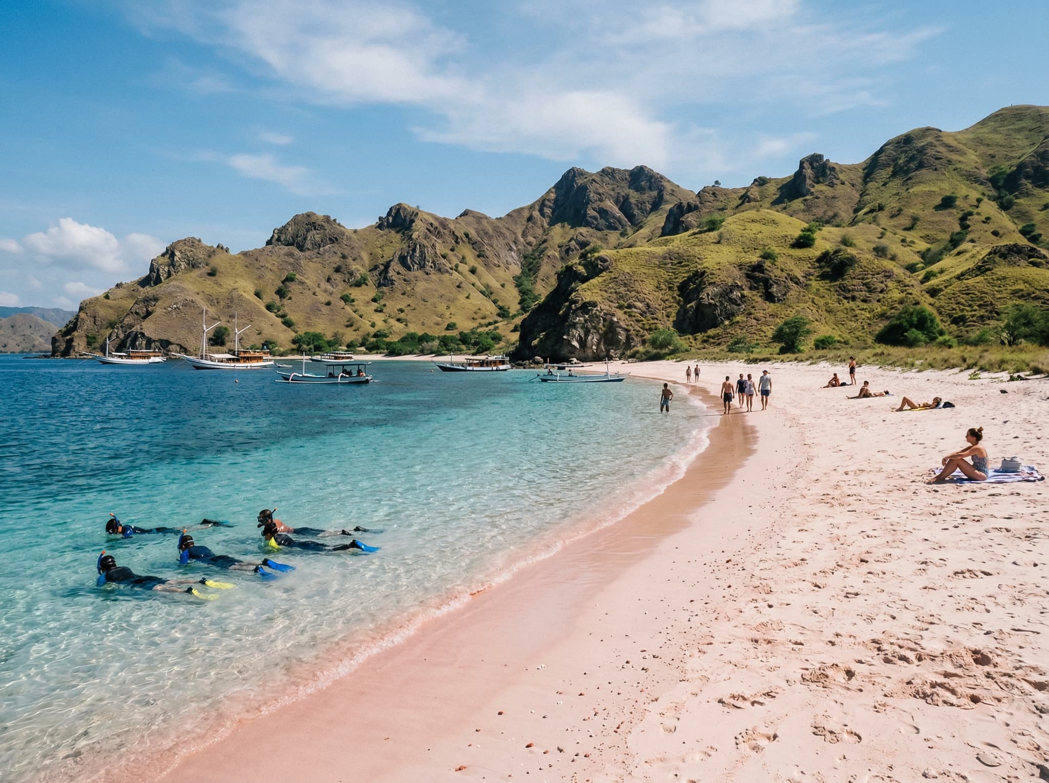 Pink Beach (Pantai Merah) on Komodo Island — the rare pink-sand shoreline formed by red coral fragments, a signature snorkeling stop on day trips from Labuan Bajo