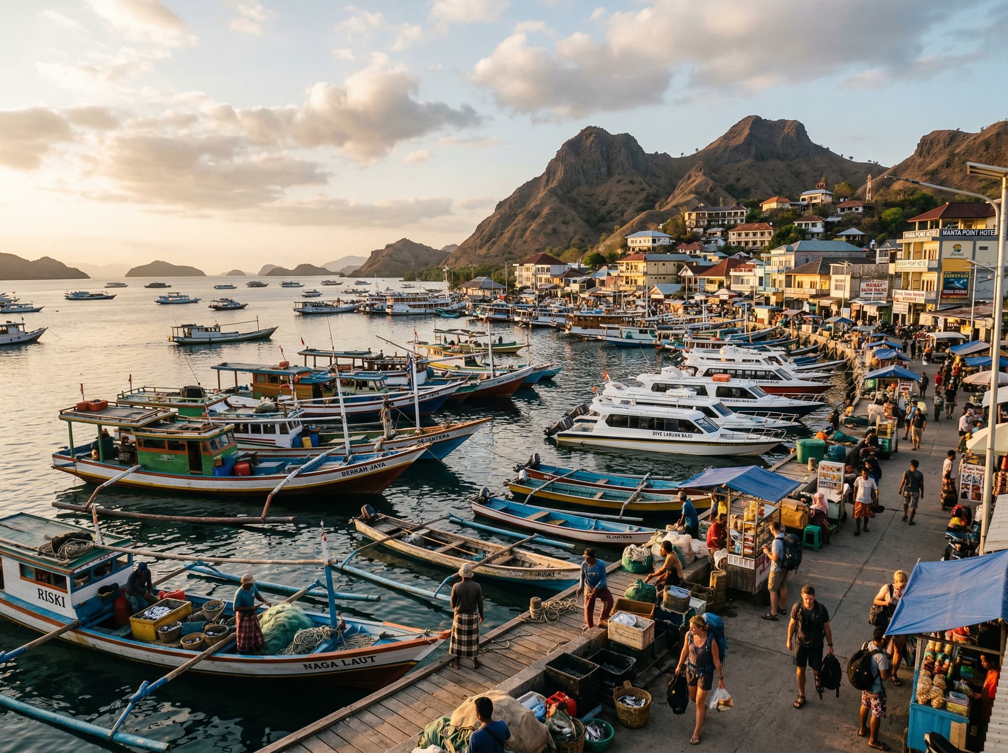 The harbor and waterfront of Labuan Bajo, Flores — the gateway town where all Komodo National Park tours depart, showing the mix of fishing boats and tourist vessels that define this small but busy port