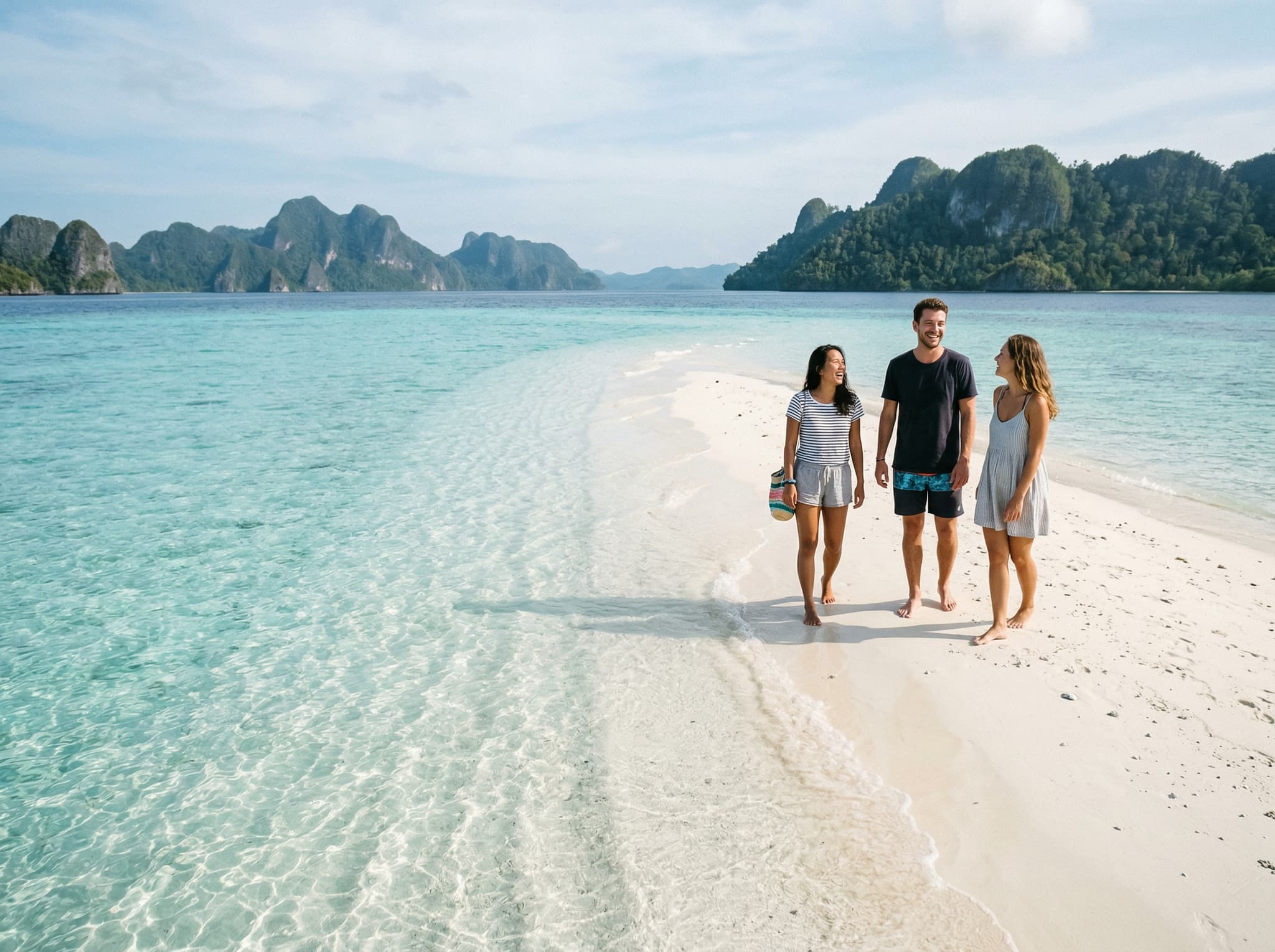 Visitors standing on Pasir Timbul sandbar in Raja Ampat at low tide, surrounded by open ocean with no land connection visible — illustrating the surreal experience of standing on dry sand in the middle of the sea described in the article's opening