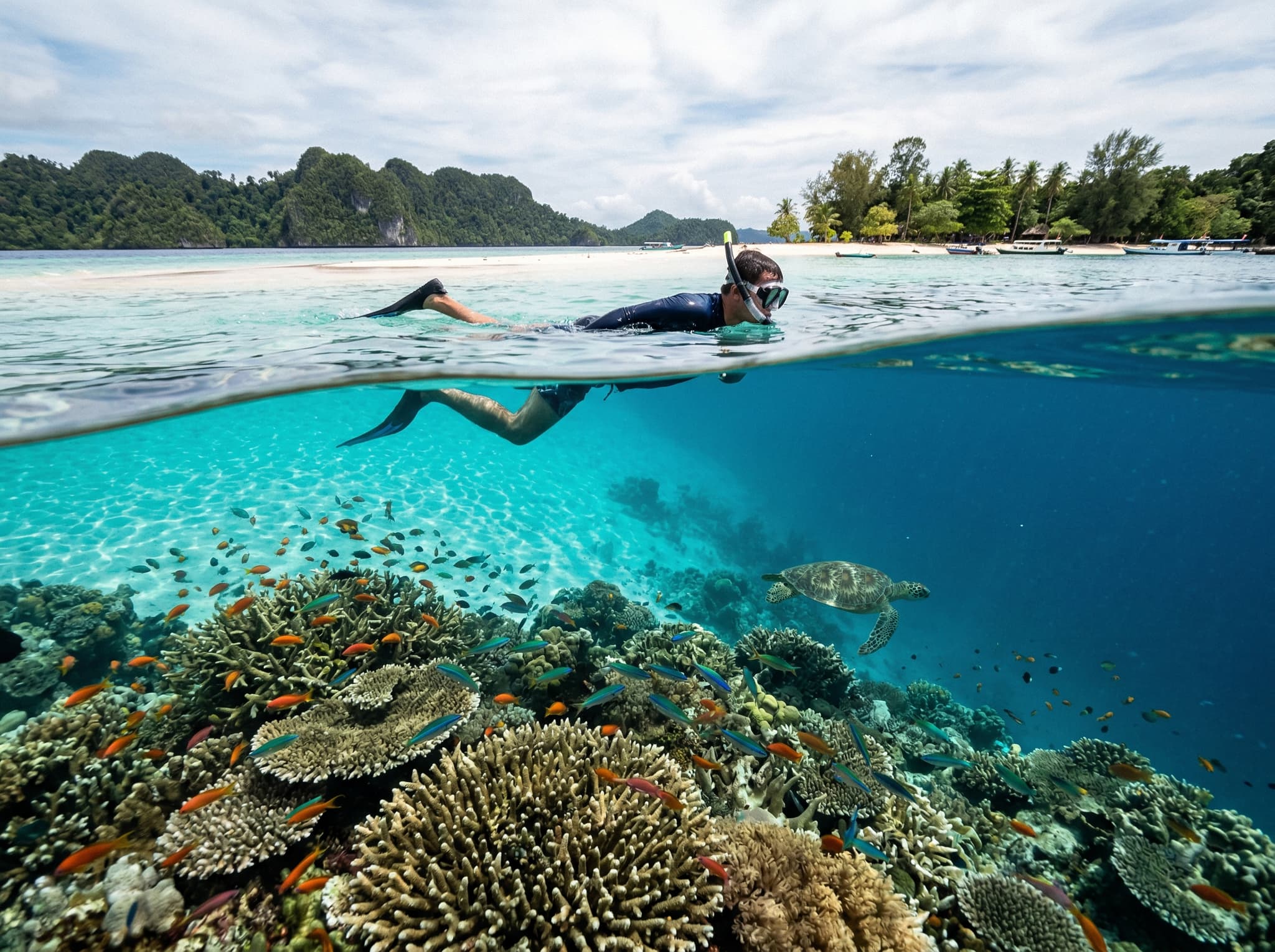 Snorkeler in the clear water off the edge of Pasir Timbul sandbar in Raja Ampat, with coral reef and tropical fish visible below — illustrating the exceptional underwater visibility and reef life described in the article's 'What You Actually Do There' section
