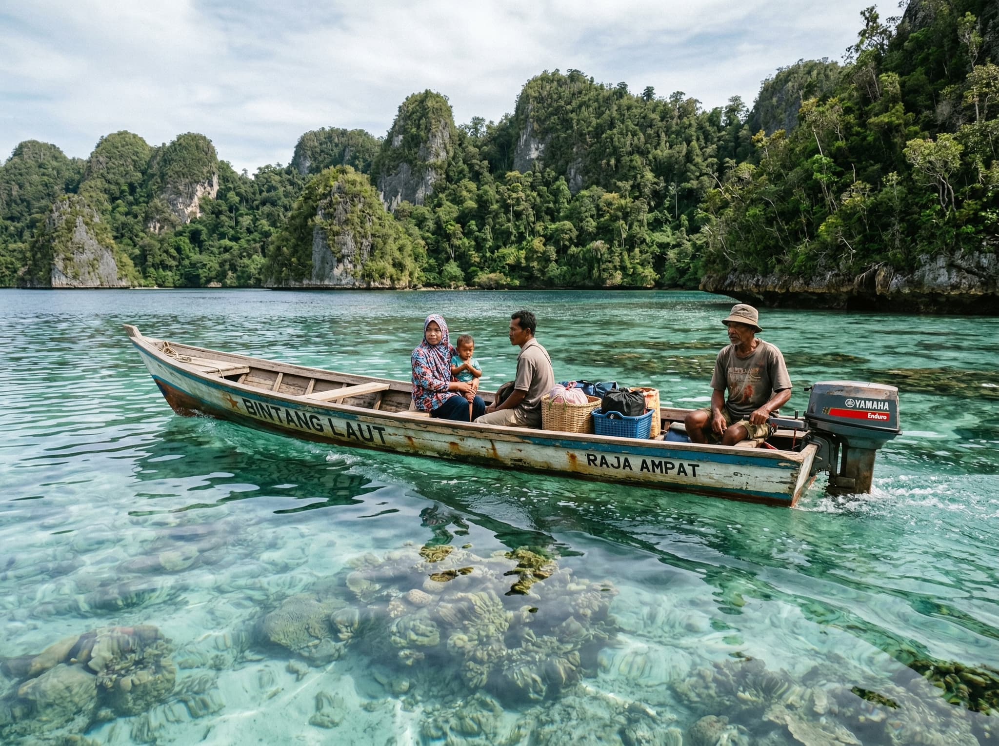 Traditional Indonesian longboat (ketinting) crossing the Dampier Strait in Raja Ampat, the type of vessel used to reach Pasir Timbul from homestays on Kri and Mansuar Islands — showing the boat journey across one of the world's most biodiverse marine corridors