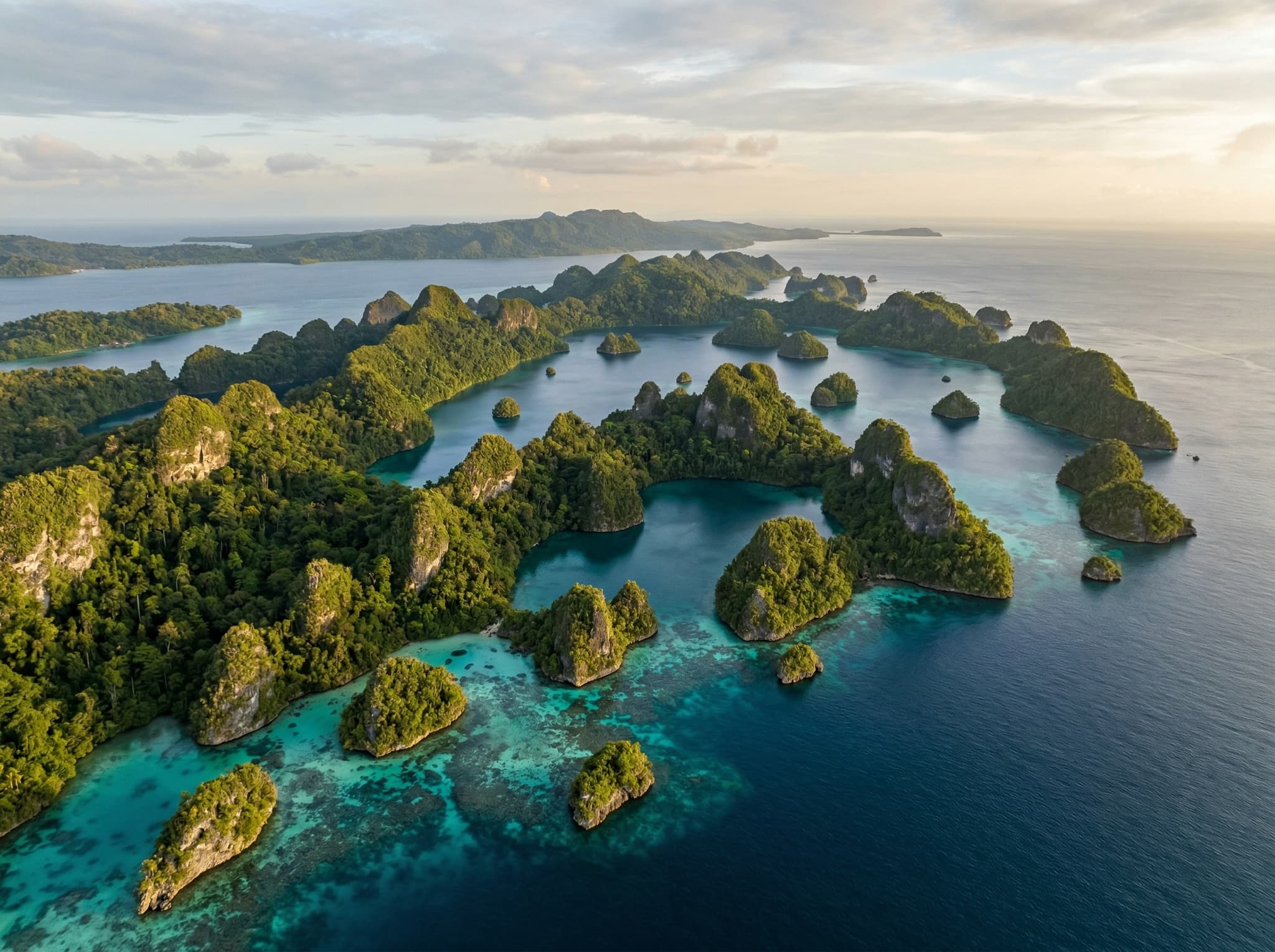 Aerial view of Raja Ampat's karst island archipelago and marine protected area, showing the scale of the reef ecosystem surrounding Pasir Timbul — contextualizing the conservation model and 20,000 square kilometer marine protected area discussed in the article