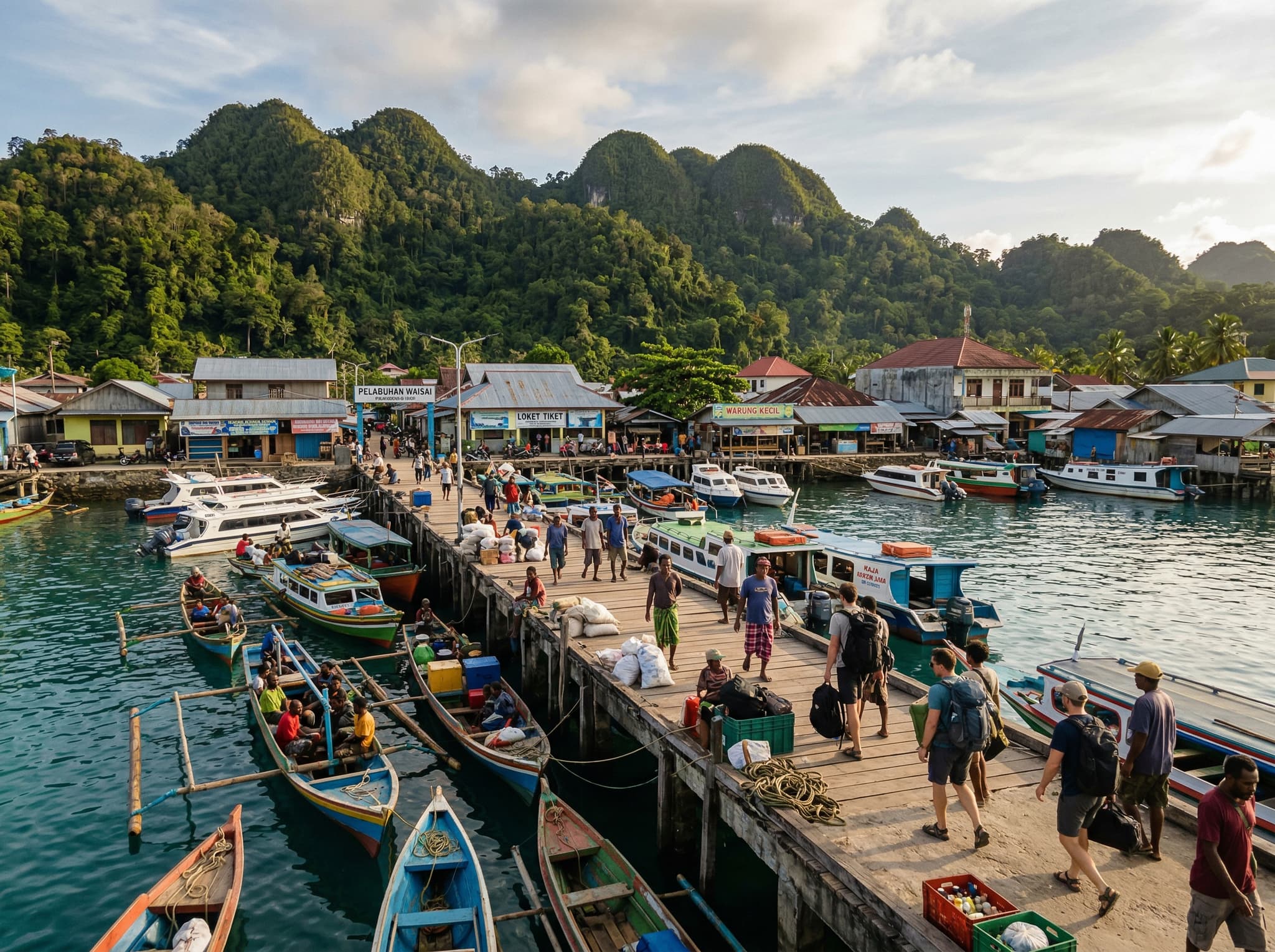 Waisai town waterfront in Raja Ampat, the main arrival point where visitors process their marine entry permits (PIN) before traveling to sites like Pasir Timbul — referenced in the article's FAQ section on how to reach Raja Ampat