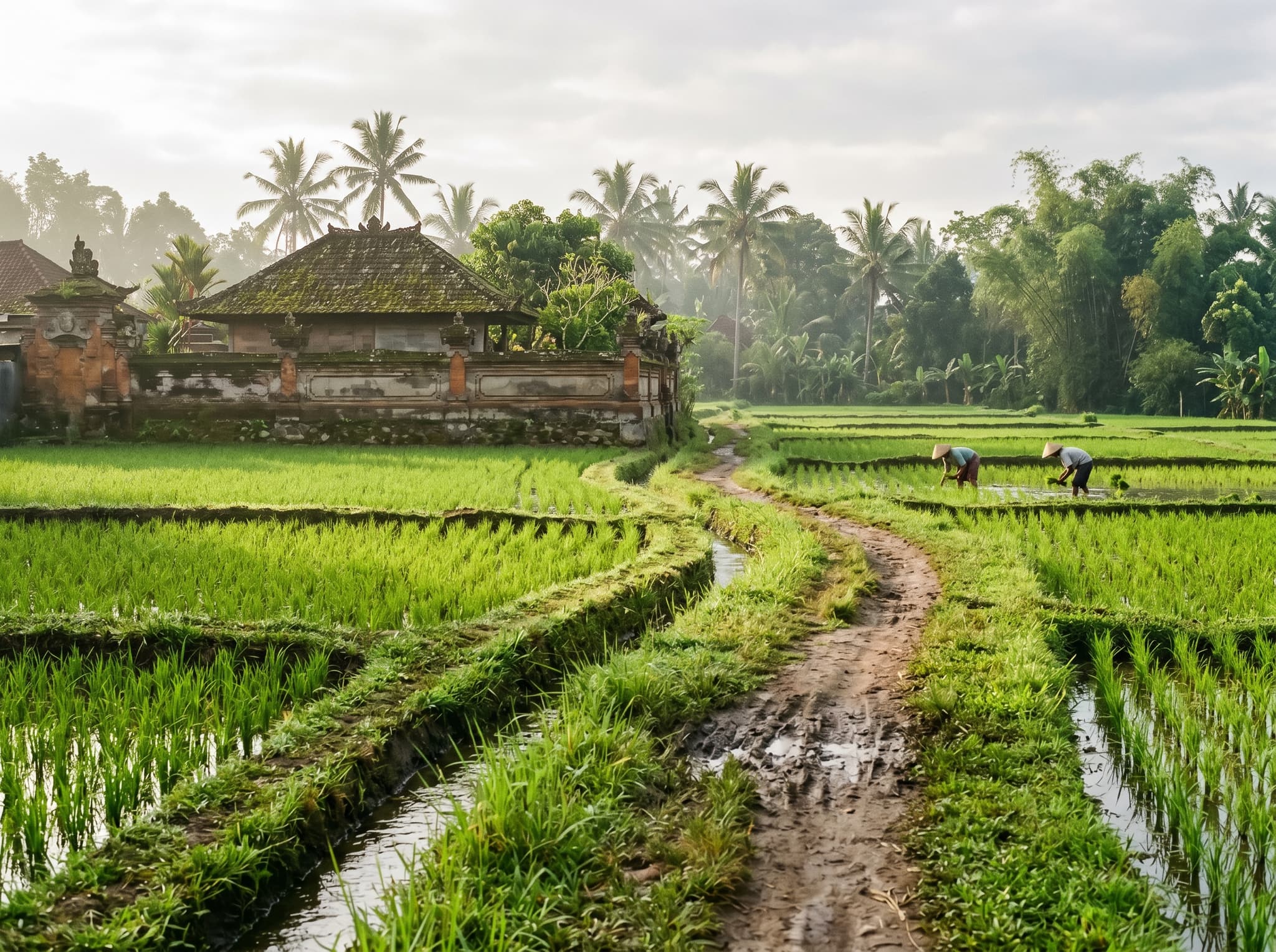 Rice paddies along the edge of Pengosekan, Ubud — the open agricultural landscape that begins where central Ubud's commercial strip ends, illustrating the neighborhood's transition from tourist center to quieter village