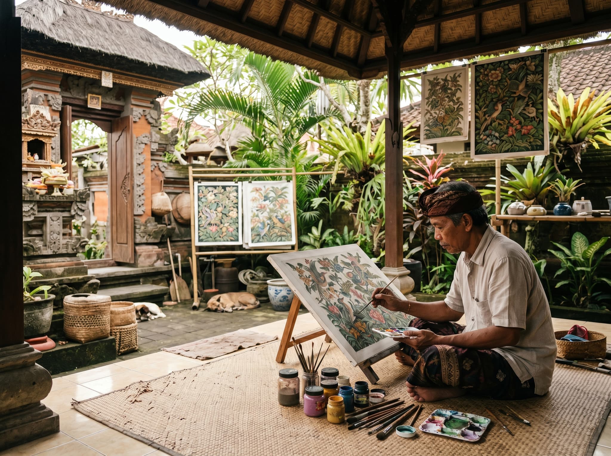 A Balinese painter working in a traditional compound courtyard in Pengosekan, Ubud — illustrating the neighborhood's living painting tradition, where artists still work in family compounds along Jalan Pengosekan