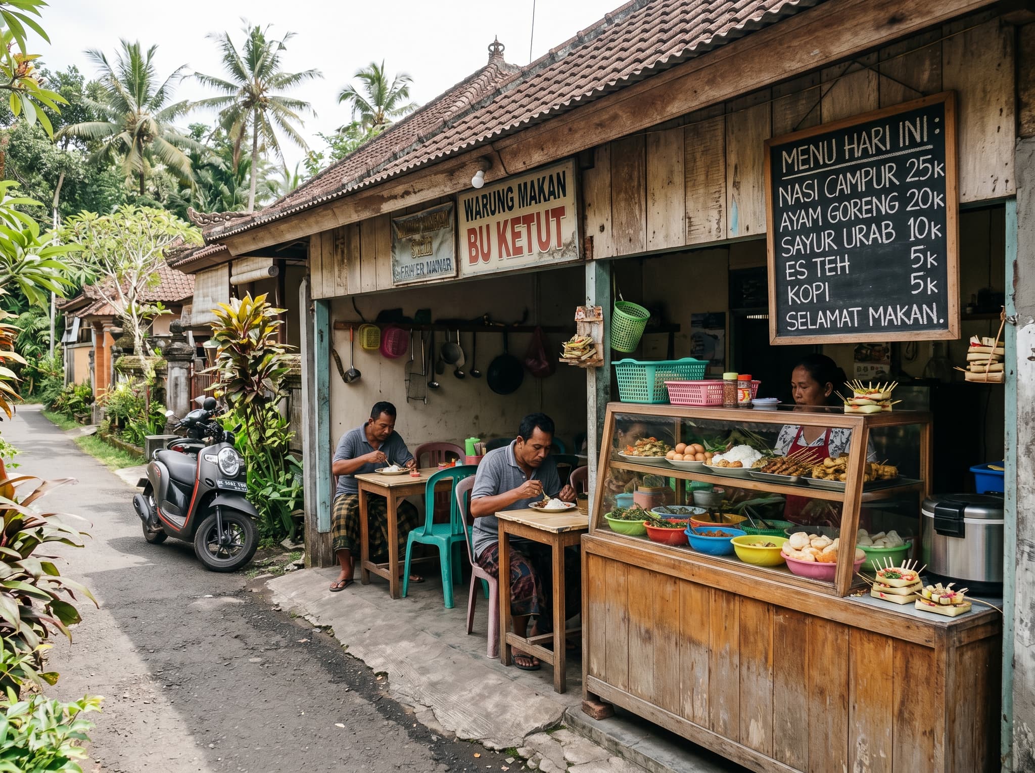 A small warung or local café along Jalan Pengosekan in Ubud — the kind of simple, open-fronted Indonesian restaurant where nasi campur is served at local prices, representing the honest, uncurated food culture the article describes