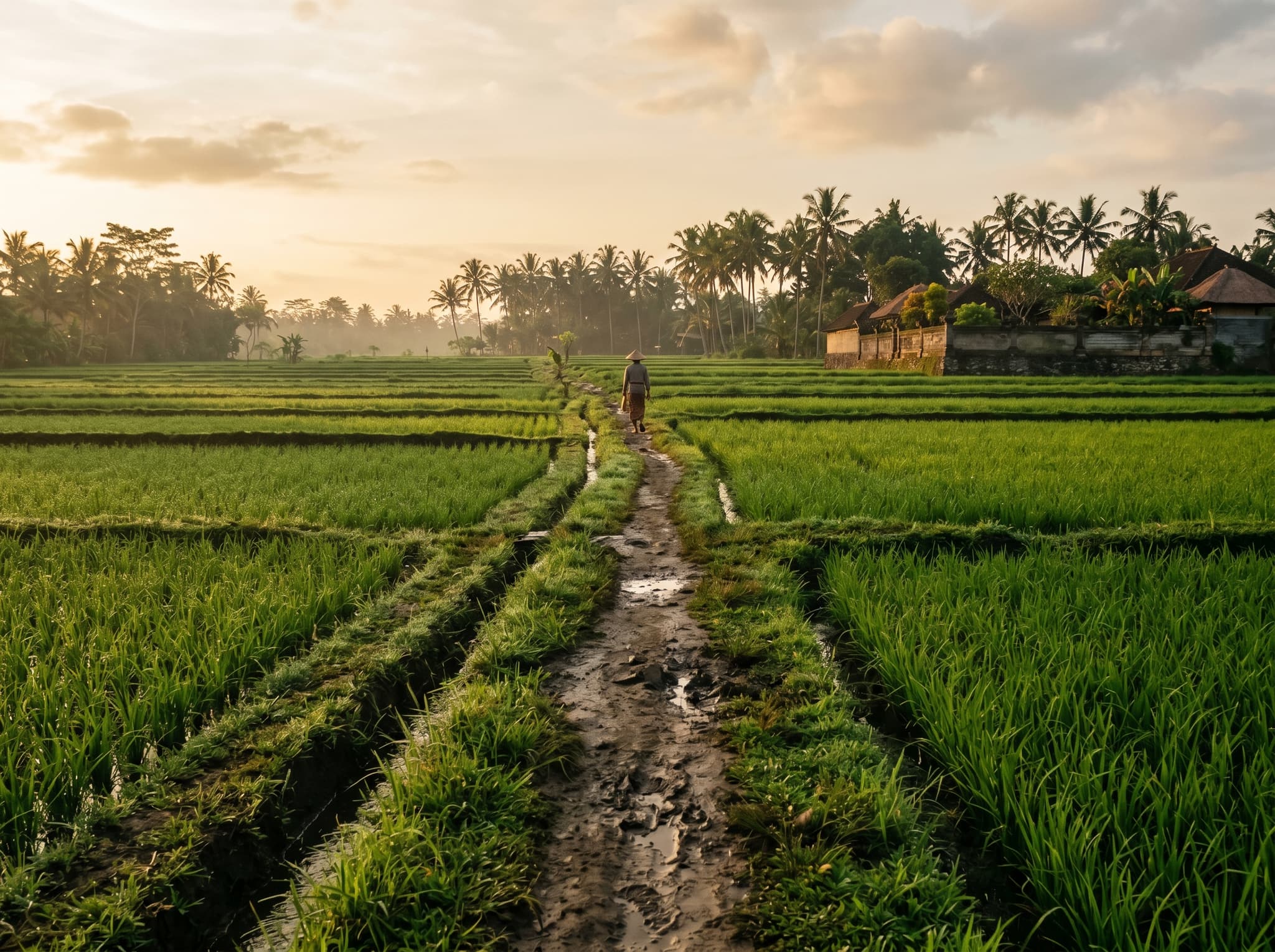 Rice field irrigation paths west of Jalan Pengosekan in Ubud — the flat, unmarked walking routes between paddies that the article recommends for early morning walks, showing the agricultural landscape accessible from the neighborhood