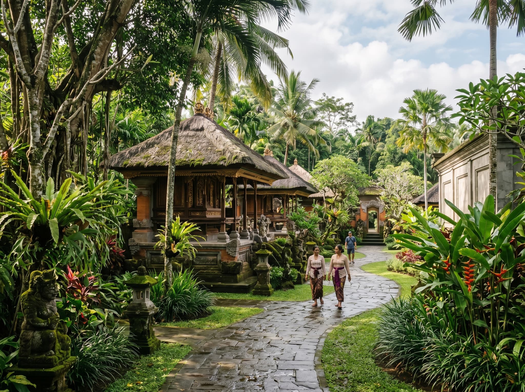 The ARMA (Agung Rai Museum of Art) grounds in Pengosekan, Ubud — the museum's landscaped garden paths and open-air pavilion that serve as the neighborhood's primary cultural anchor and most visited institution