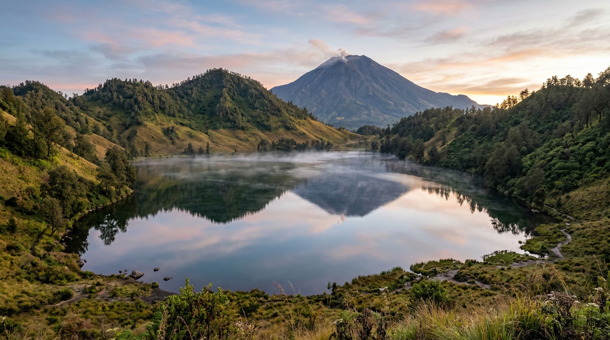 Ranu Kumbolo alpine lake at 2,390 meters on Mount Semeru, East Java, Indonesia — the volcanic caldera lake surrounded by grass-covered hillsides that is currently closed to trekkers due to ongoing eruption activity