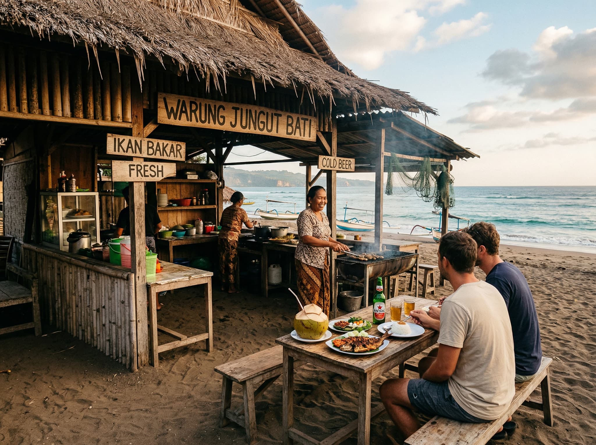 A beachside warung on Bias Tugel Beach serving grilled fish and cold drinks — simple open-air structure on the sand with local food and Bintang beer, representing the basic but satisfying on-beach facilities the article describes