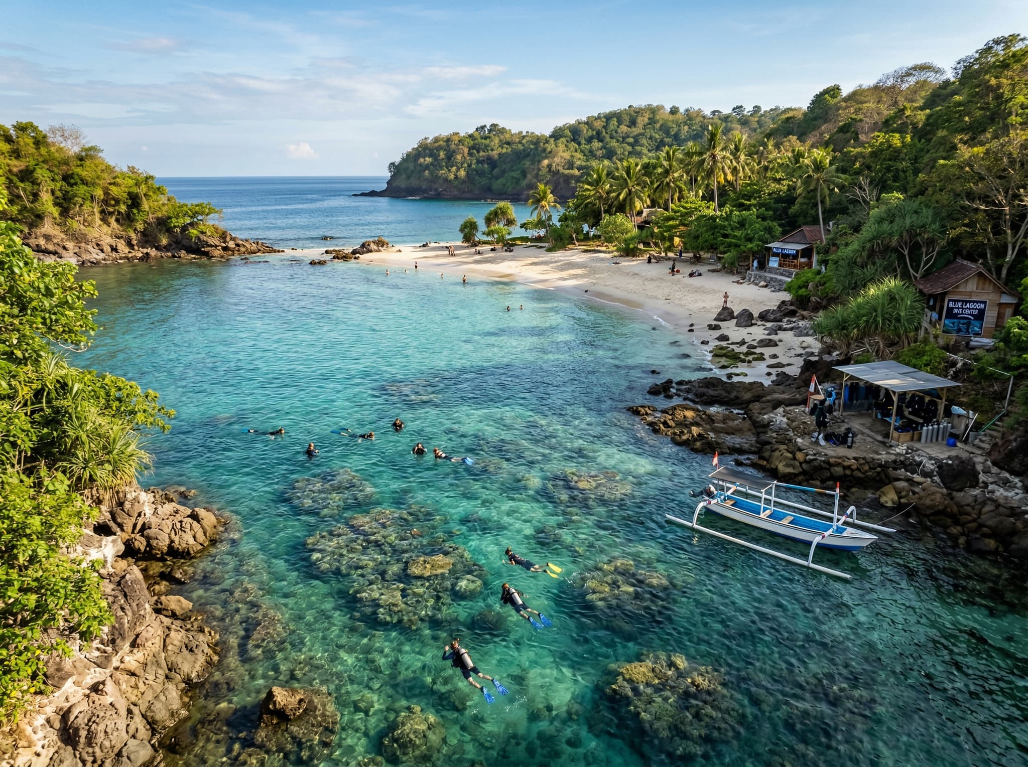 Blue Lagoon Beach north of Padang Bai harbor — the alternative snorkeling beach the article compares to Bias Tugel, showing its more accessible shoreline and established coral reef conditions to help readers choose between the two