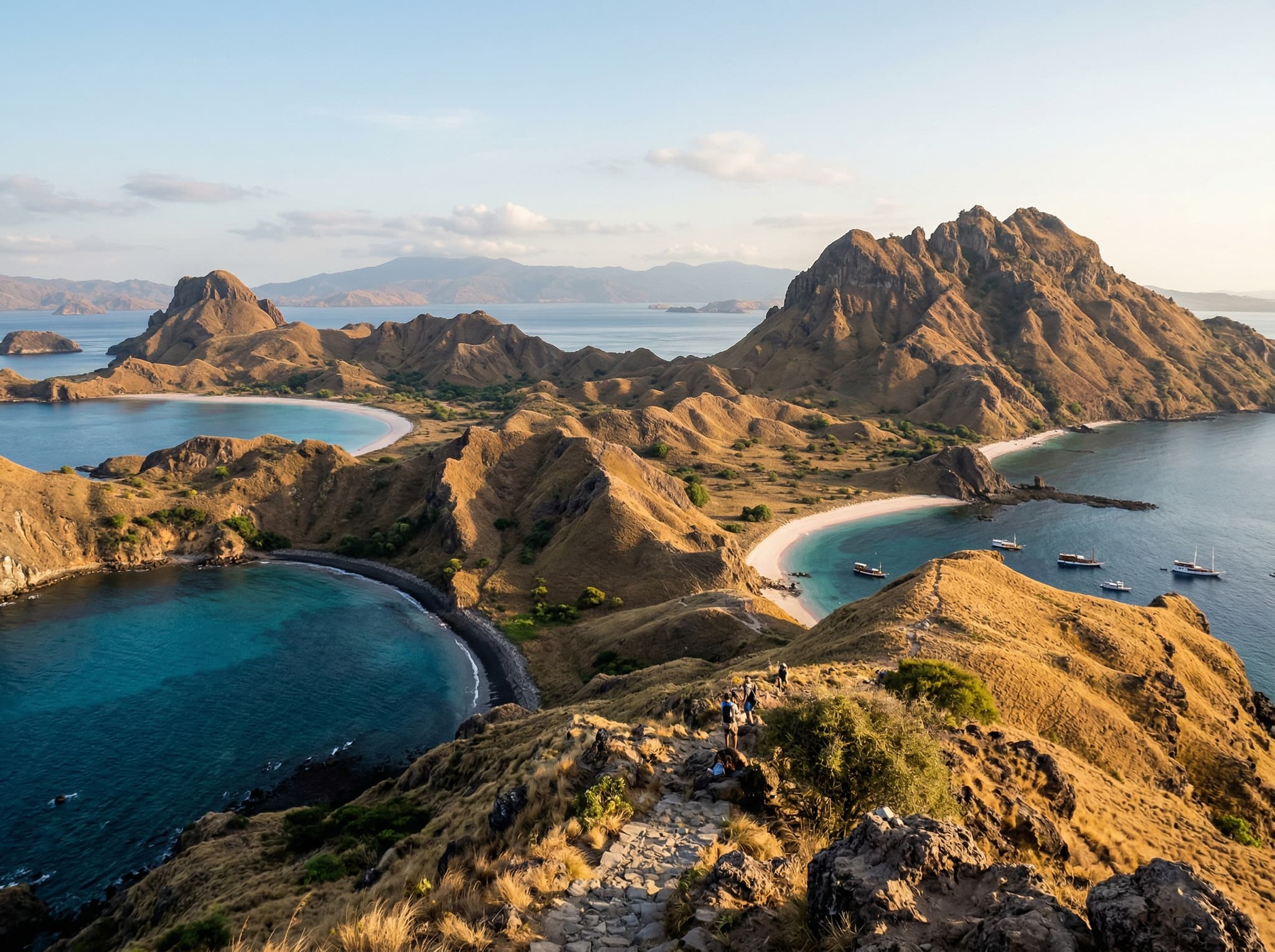 Padar Island viewpoint in Komodo National Park showing the iconic multi-bay volcanic landscape — the dramatic hiking stop that precedes or follows a Pink Beach visit on the standard Komodo day tour itinerary