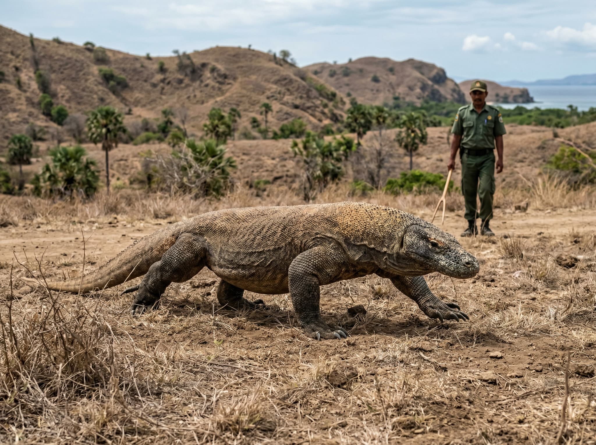 A Komodo dragon on Komodo or Rinca Island, Komodo National Park — the wildlife encounter that forms part of the same day trip as Pink Beach, giving context to the full Komodo National Park experience described in the article's conclusion