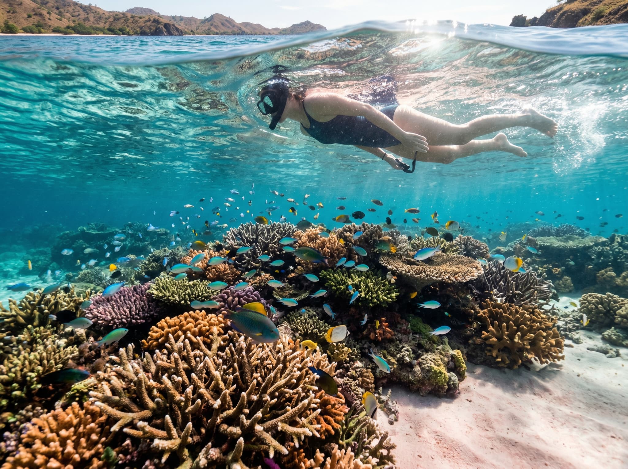 Snorkeling over the shallow coral reef at Pink Beach, Komodo National Park — a snorkeler floating just below the surface above dense coral formations with tropical fish visible, showing the accessible reef that begins just meters from shore