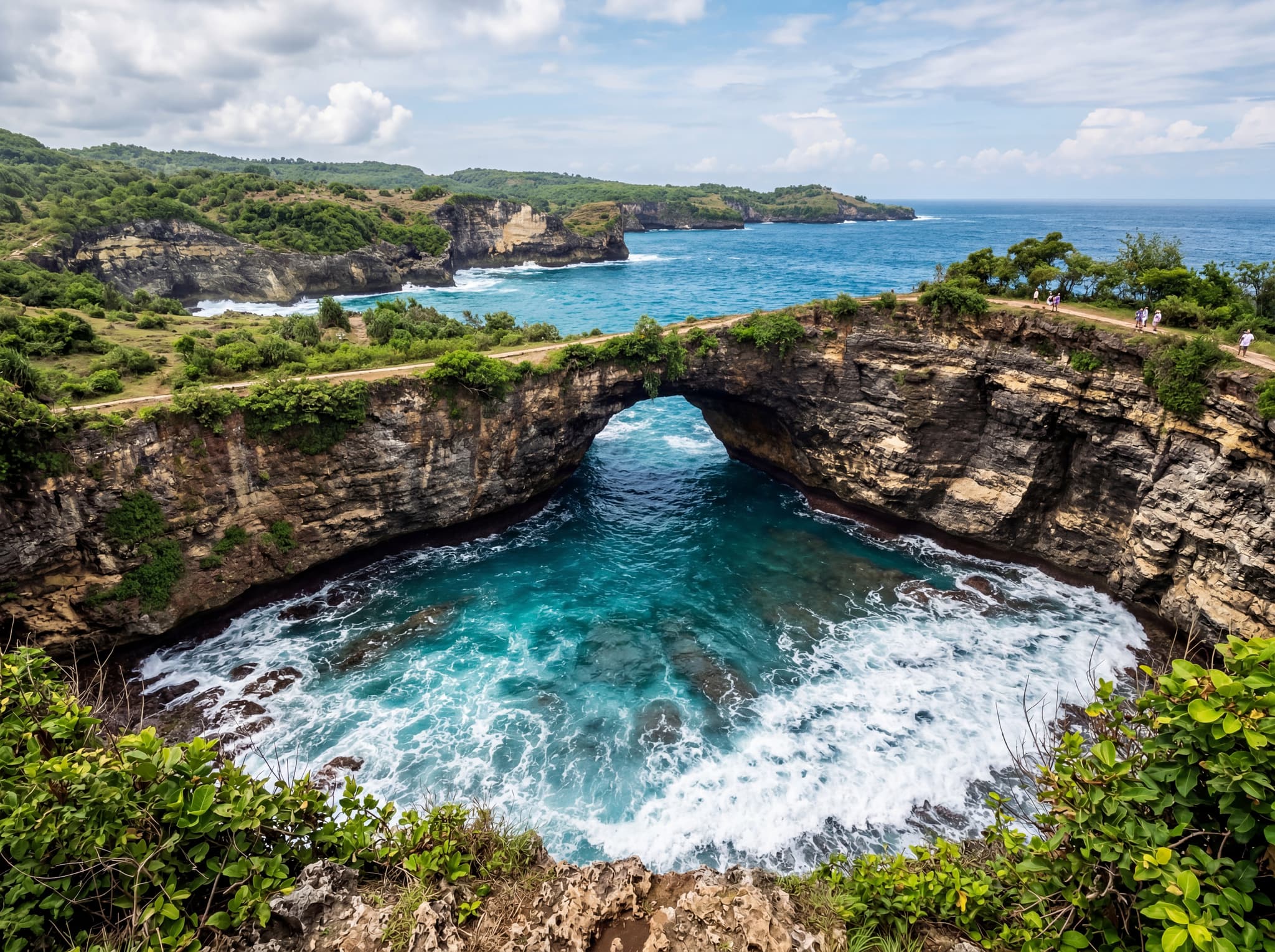 Broken Beach (Pasih Uug) on Nusa Penida — the natural rock archway forming a circular cove with ocean surging through the cliff tunnel, illustrating the geological drama of the island's west coast