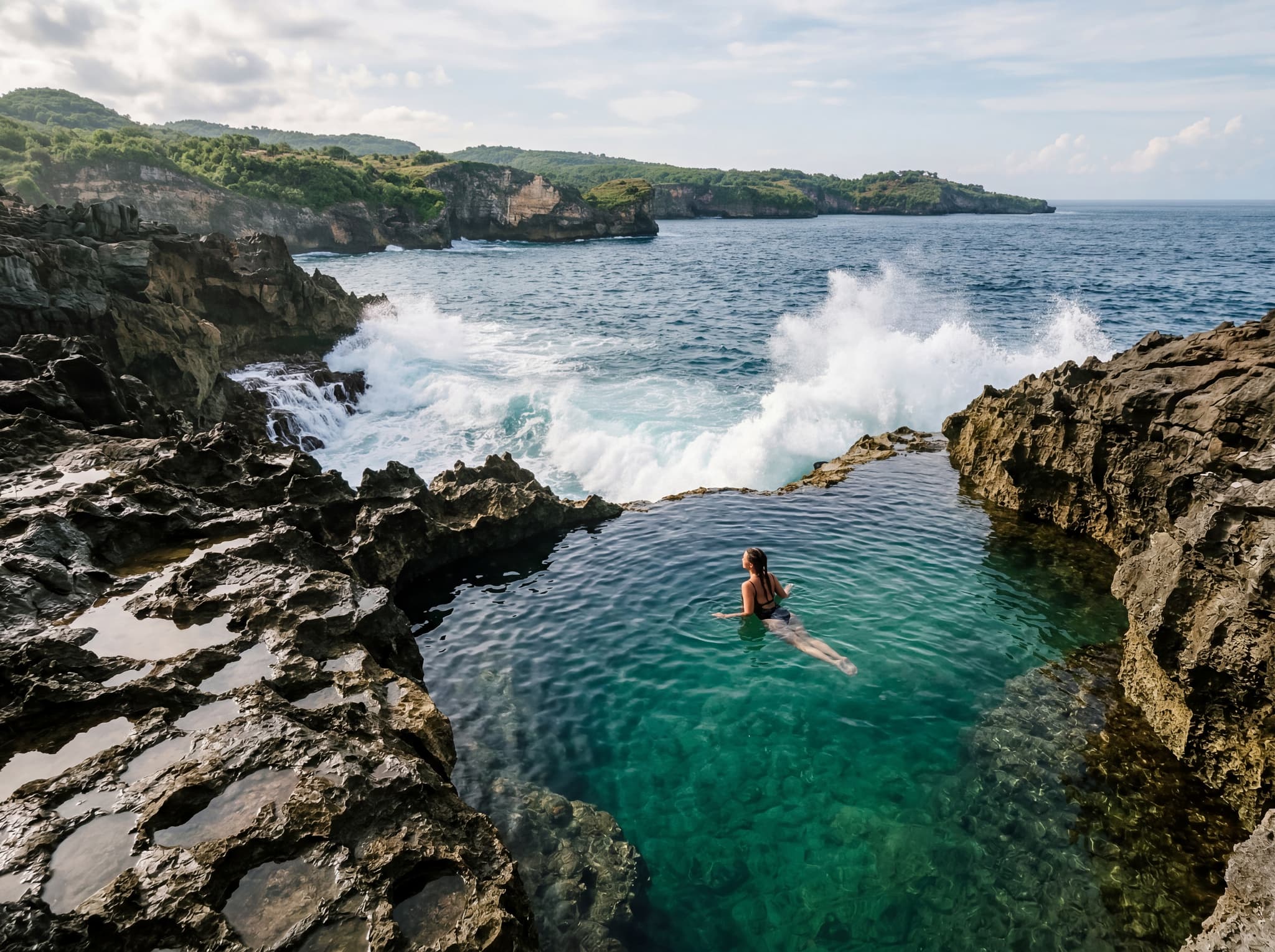 Angel's Billabong natural infinity pool on Nusa Penida — turquoise water pooled in a rock shelf at the cliff's edge with ocean visible beyond, illustrating the swimmable tidal pool described in the article alongside its wave hazard context