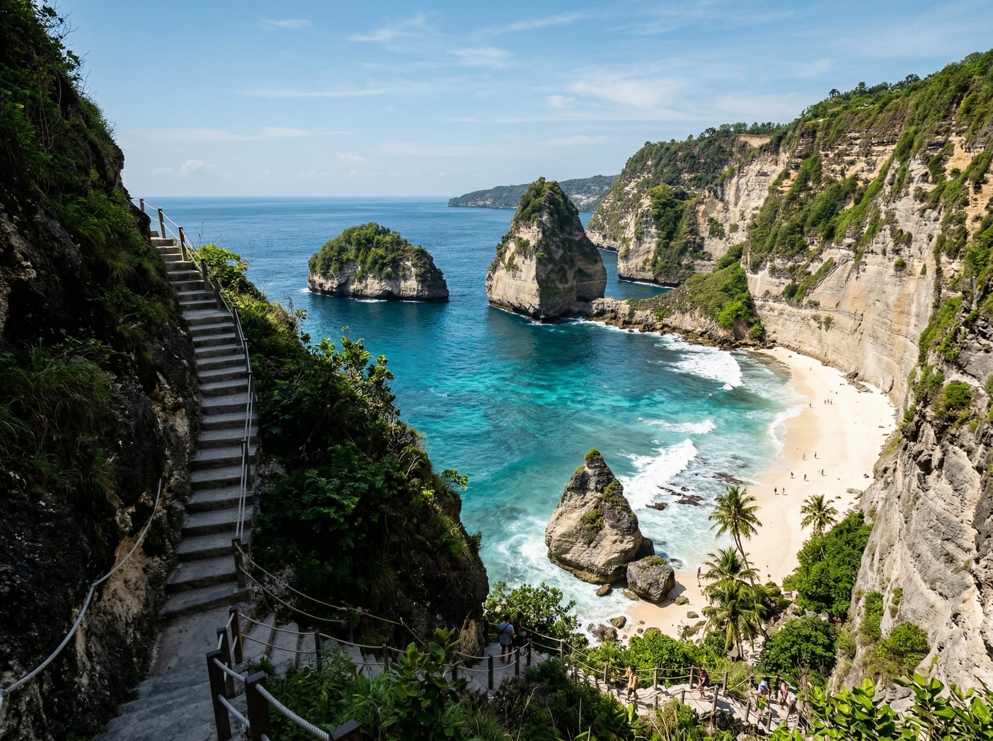 Diamond Beach on Nusa Penida's east coast — white sand beach framed by jagged limestone pinnacles at the base of towering cliffs, accessed by steep concrete stairs, representing the island's less-visited but highly photogenic eastern shoreline