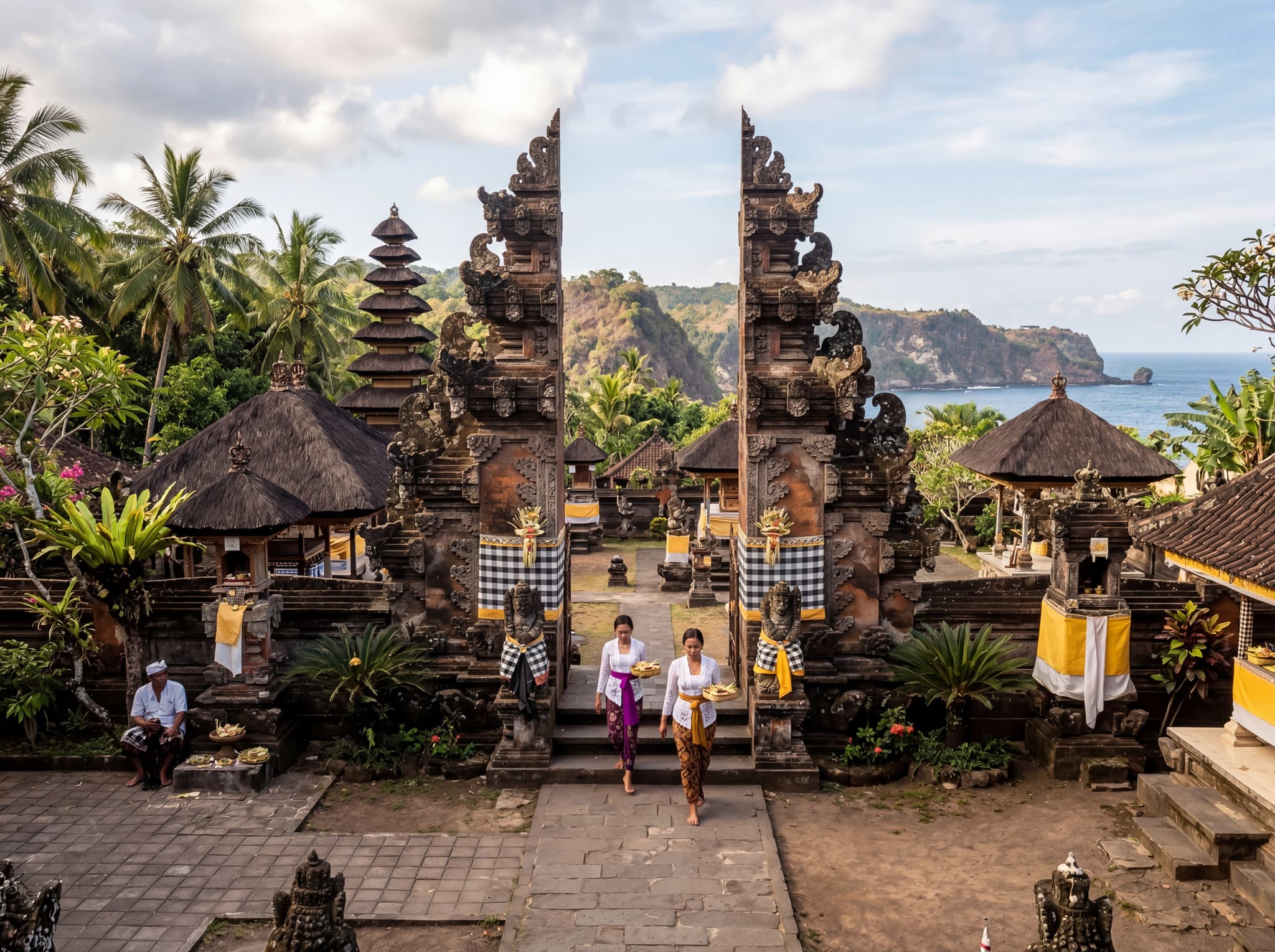 Pura Dalem Ped temple on Nusa Penida — Balinese Hindu temple architecture with traditional split gate or shrines, representing the island's deep spiritual significance and its role as a pilgrimage site predating modern tourism