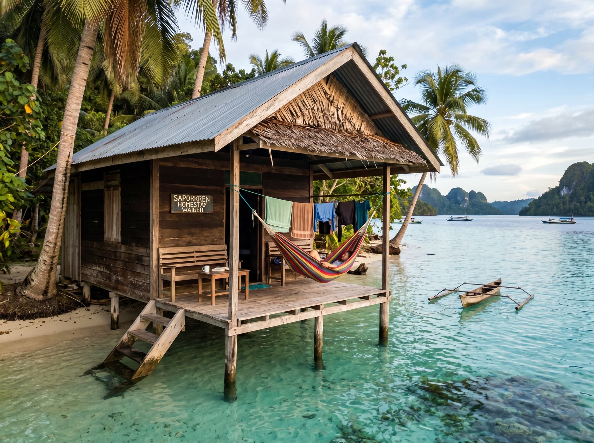 A simple homestay bungalow at the water's edge in Saporkren Village, Raja Ampat — a wooden beachside structure with a porch facing calm turquoise water, representing the community-run accommodation that starts from USD 23 per night and forms the backbone of the village's tourism economy