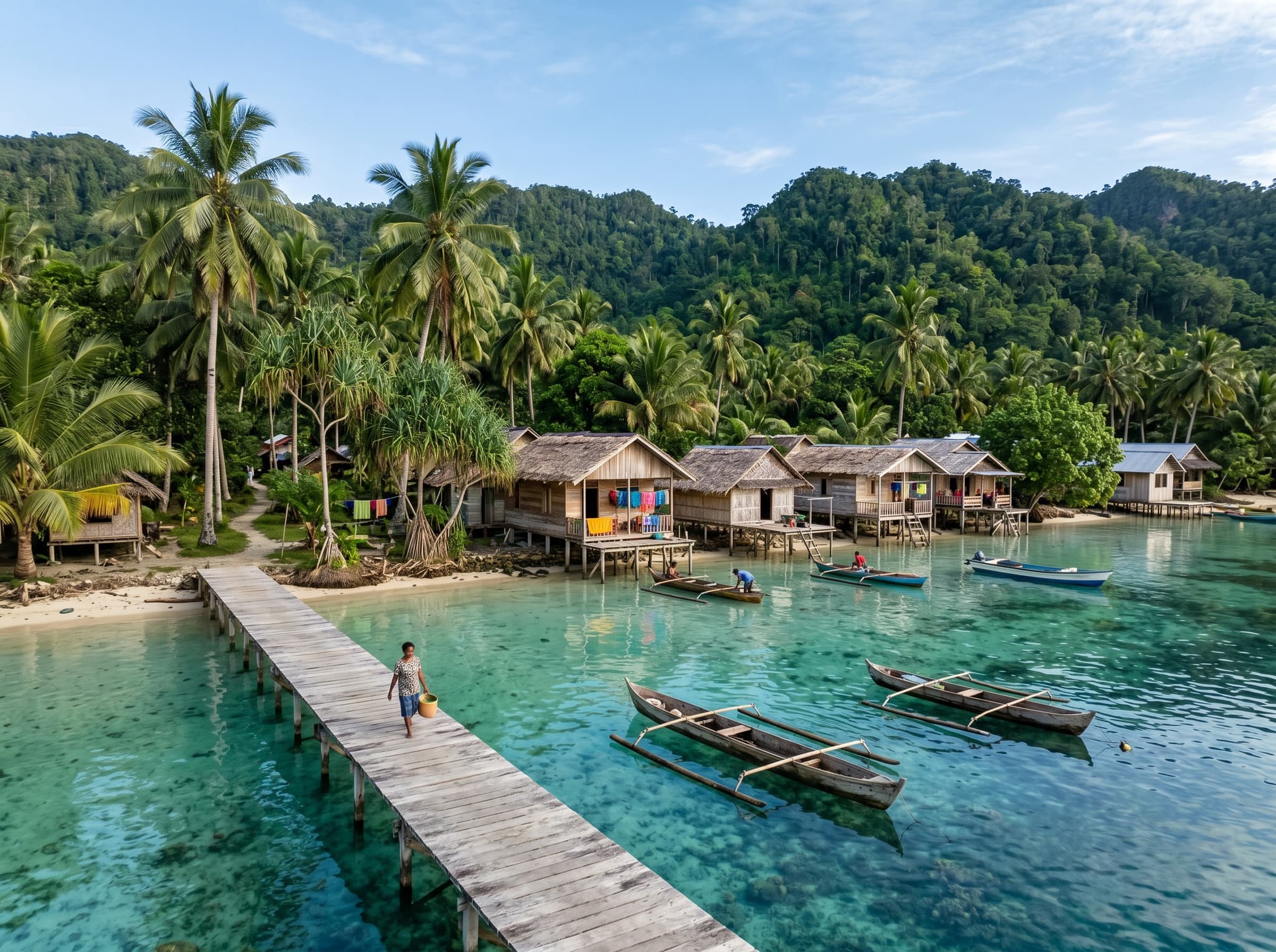 Saporkren Village on the coast of Waigeo Island, Raja Ampat — traditional Papuan houses shaded by coconut palms along a calm shoreline, conveying the small, tidy community that serves as the base for Wilson's Bird of Paradise birdwatching treks
