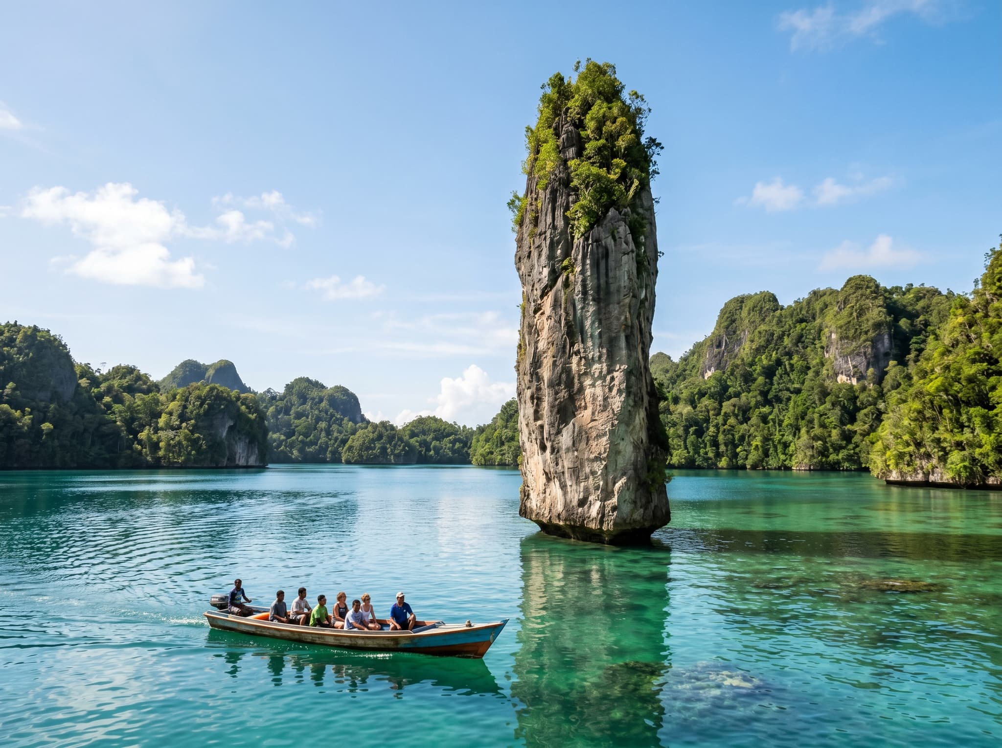 The iconic Batu Pensil karst rock formation rising from the sea near Waigeo Island, Raja Ampat — the distinctive pencil-shaped limestone pinnacle surrounded by calm turquoise water, a landmark day-trip destination accessible by boat from Saporkren Village
