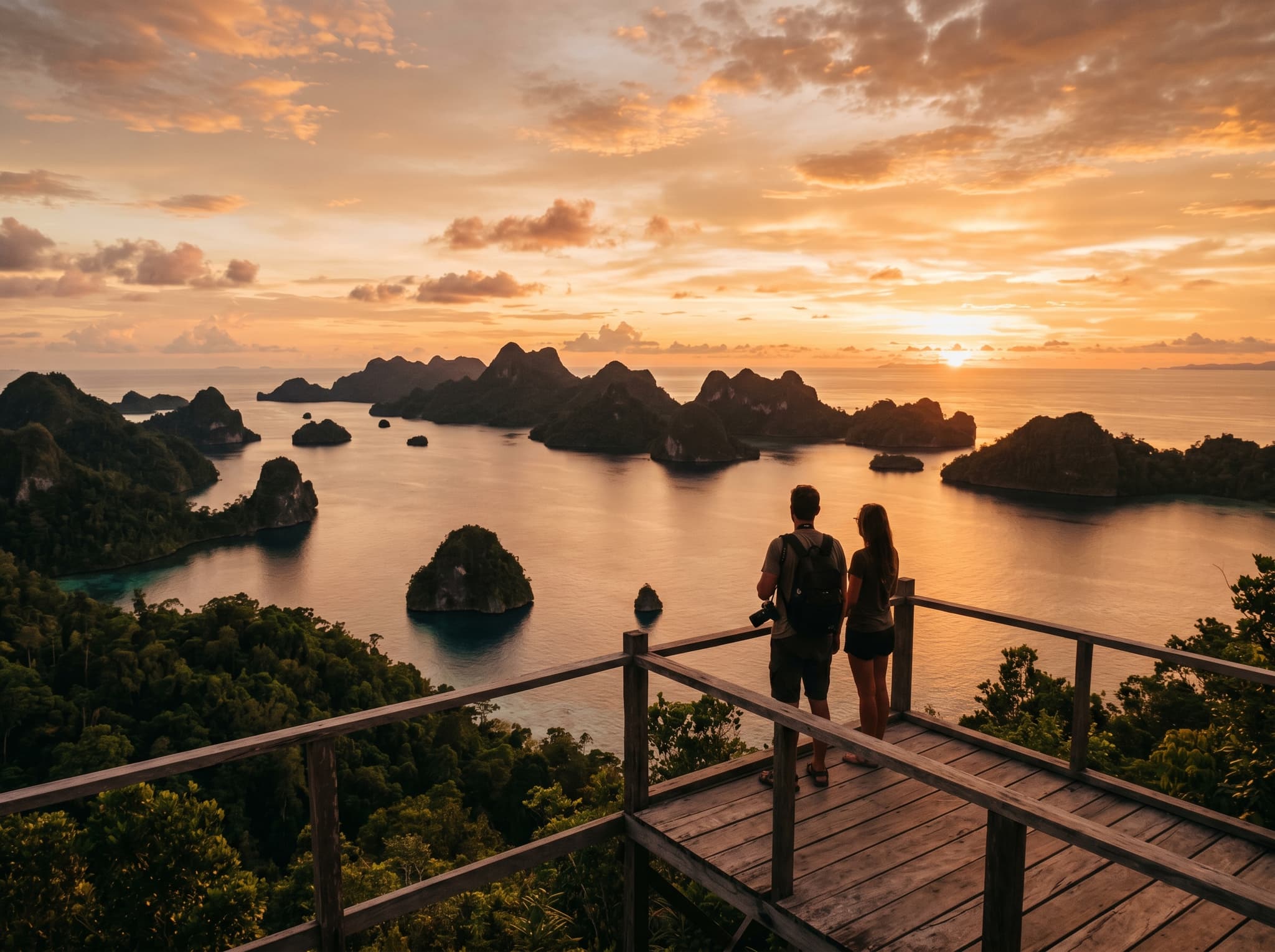 The Saporkren Panorama Sunset Spot viewpoint on Waigeo Island, Raja Ampat — a hilltop or elevated clearing with a sweeping view over the island-dotted sea at golden hour, representing the IDR 10,000 sunset viewpoint accessible from the village