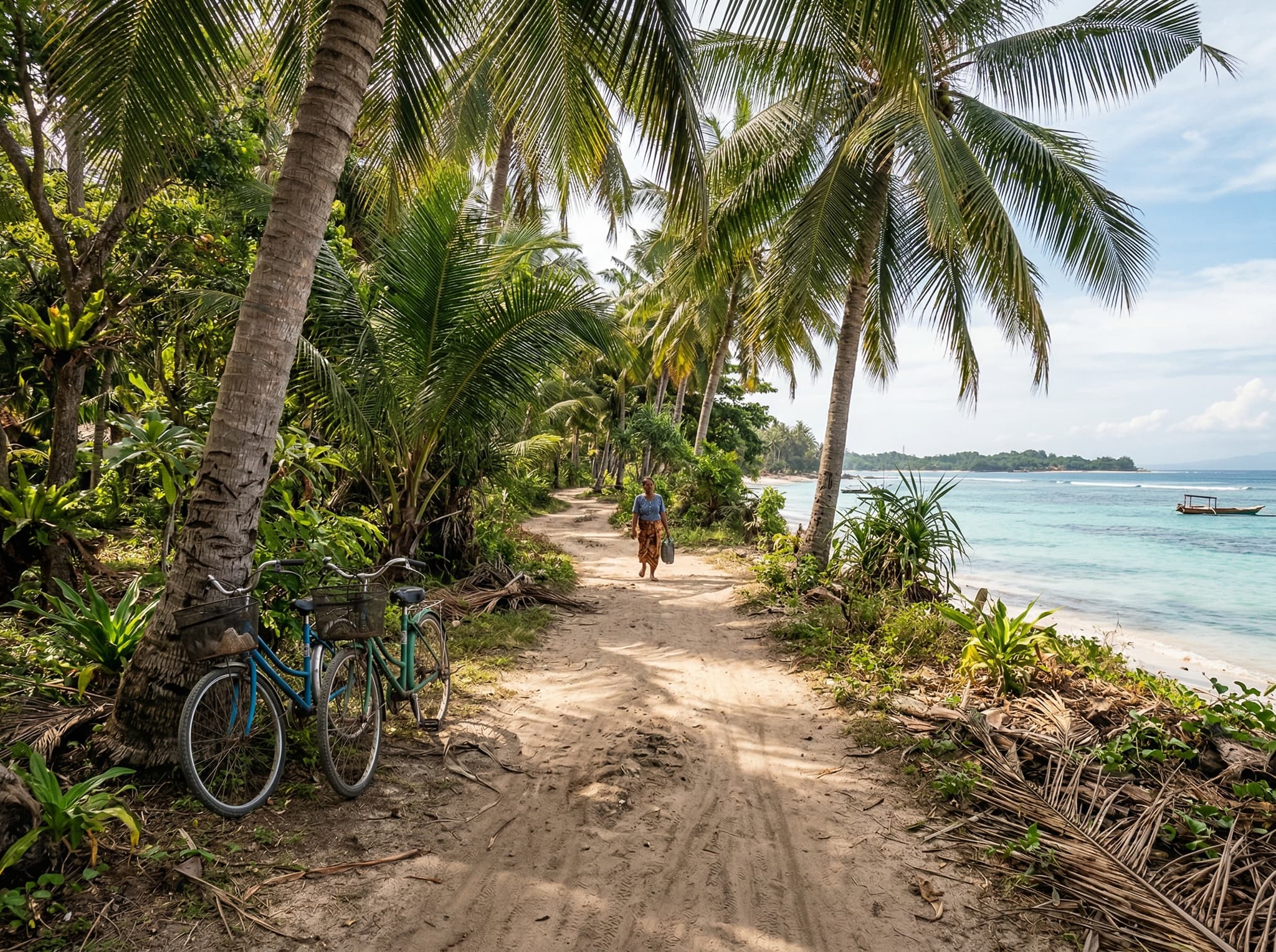 A narrow sandy path or beach walkway circling Gili Meno, with dense tropical vegetation on one side and the sea on the other — illustrating the island's small scale and the experience of walking its full 4–5 km circumference