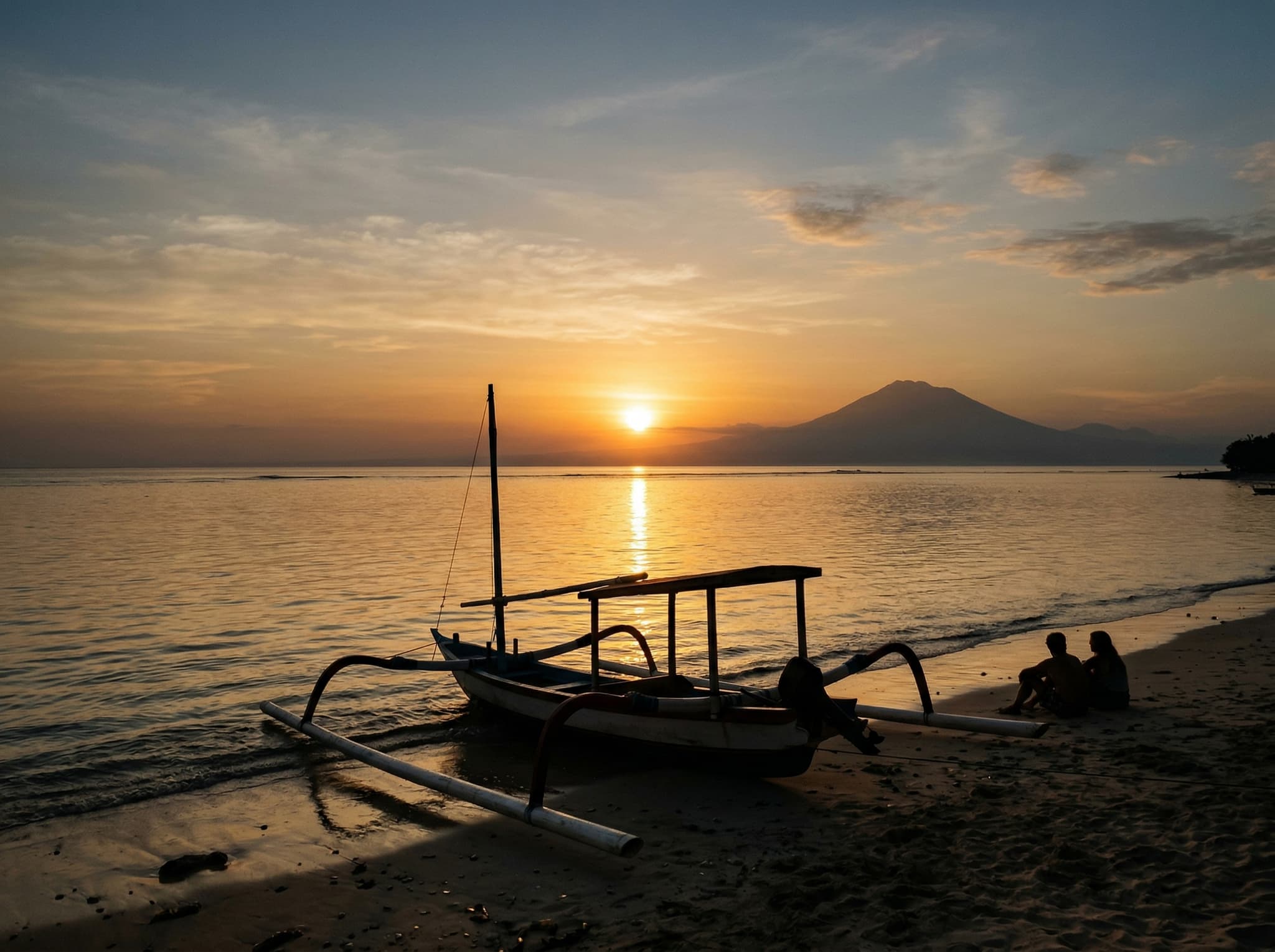 A sunset view from the southwest side of Gili Meno looking toward the open sea, with the silhouette of a traditional boat and warm golden light on the water — capturing the island's unhurried evening atmosphere referenced throughout the article
