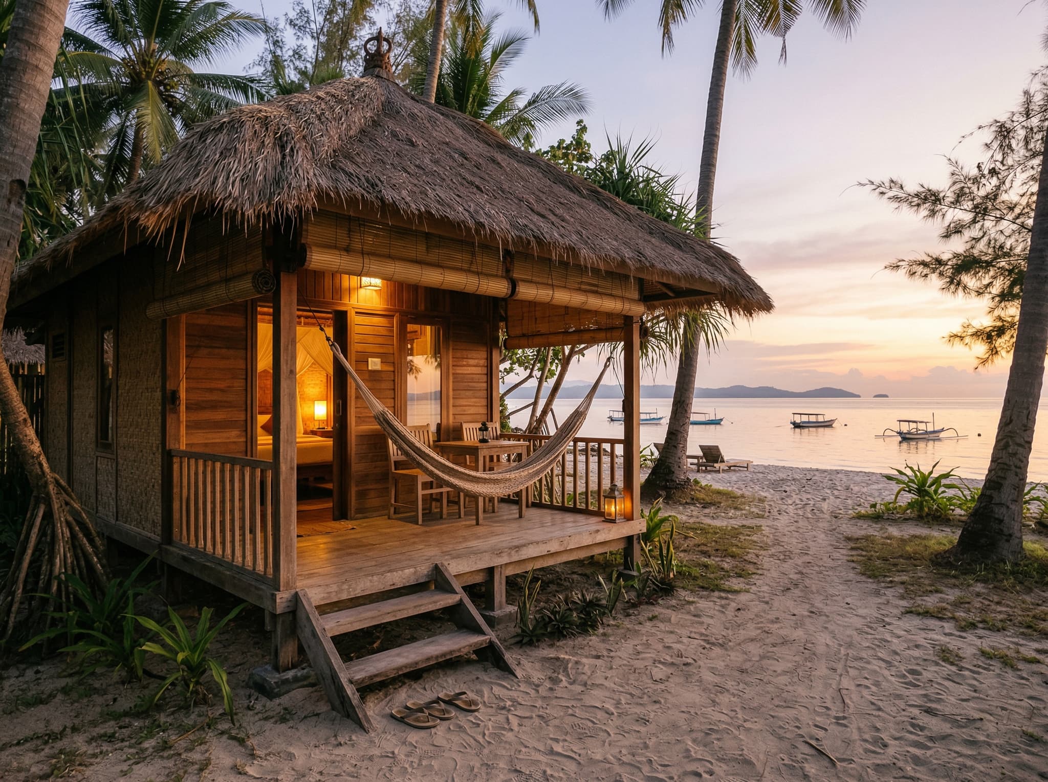A beachfront bungalow or small boutique accommodation on Gili Meno at dusk, with warm interior lighting and the ocean visible just beyond — representing the island's intimate, low-key lodging options described in the Where to Stay section
