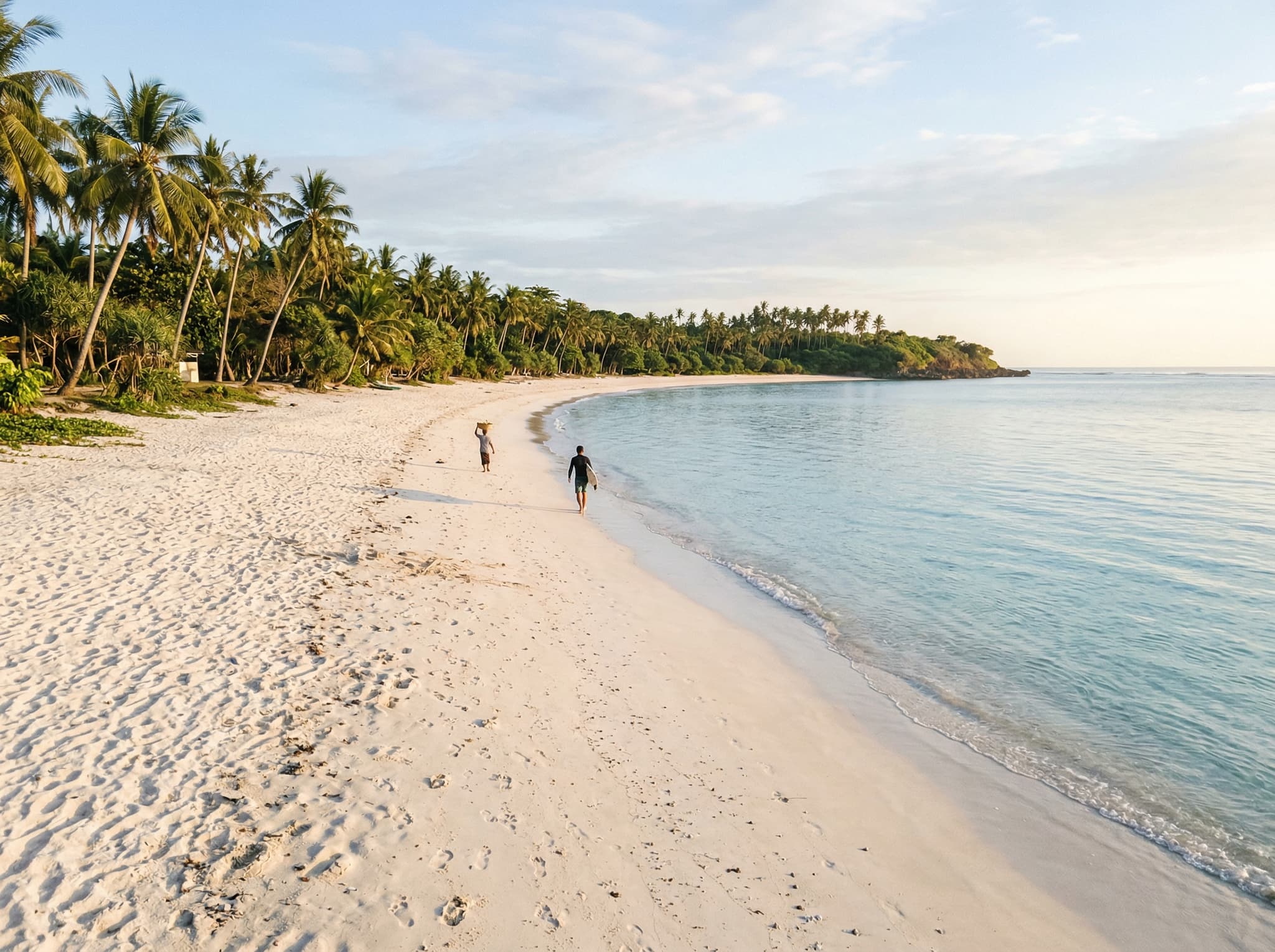 A quiet stretch of Geger Beach on a weekday morning — near-empty white sand, calm water, a lone figure walking the shoreline — conveying the genuine tranquility that defines the beach's character as described in the final section