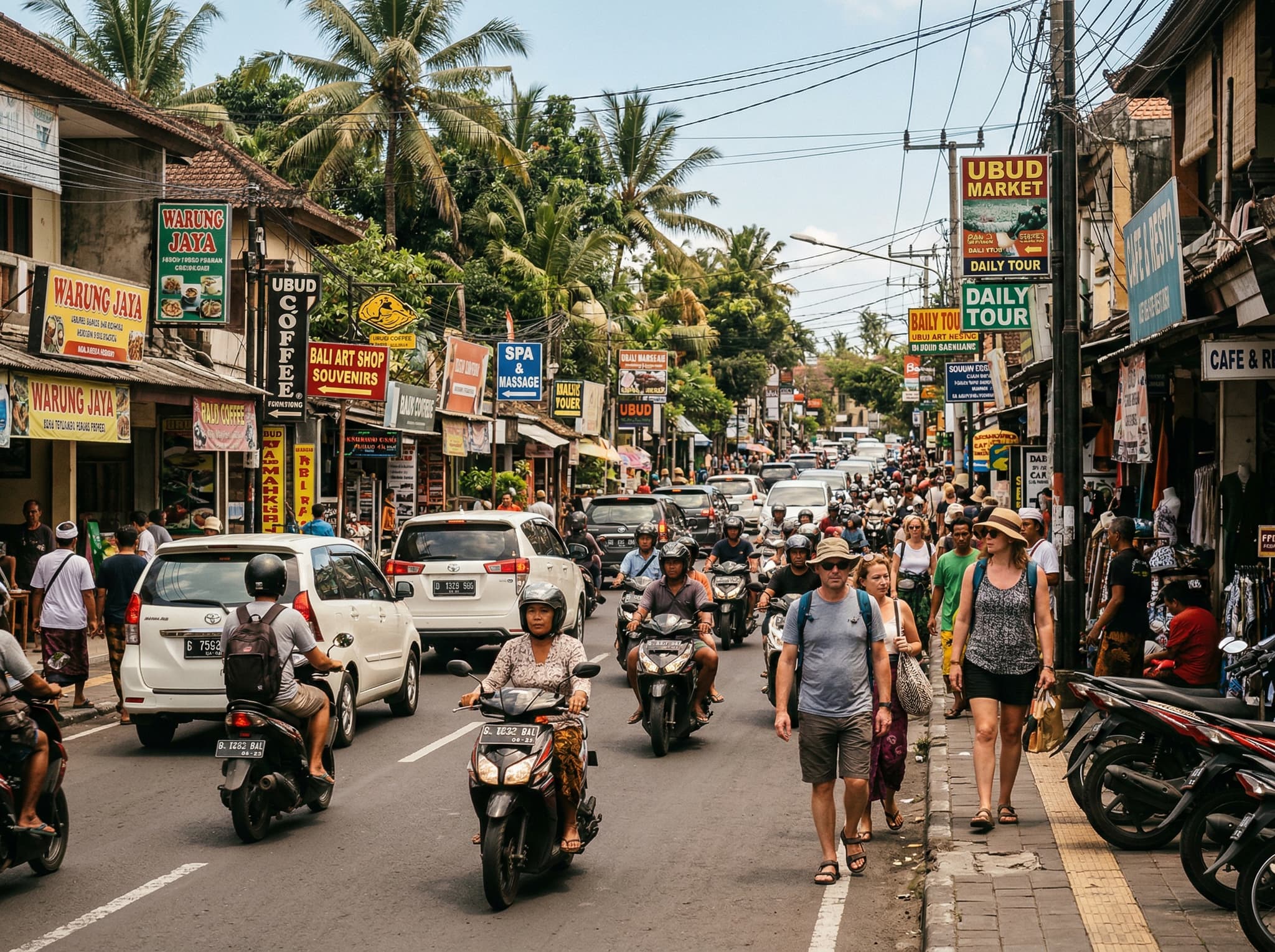 A congested street scene on Jalan Raya Ubud, Bali — motorbikes, pedestrians, shop fronts and cafés, midday light, capturing the traffic and commercial pressure the article describes as the most immediate downside of Ubud's tourism growth