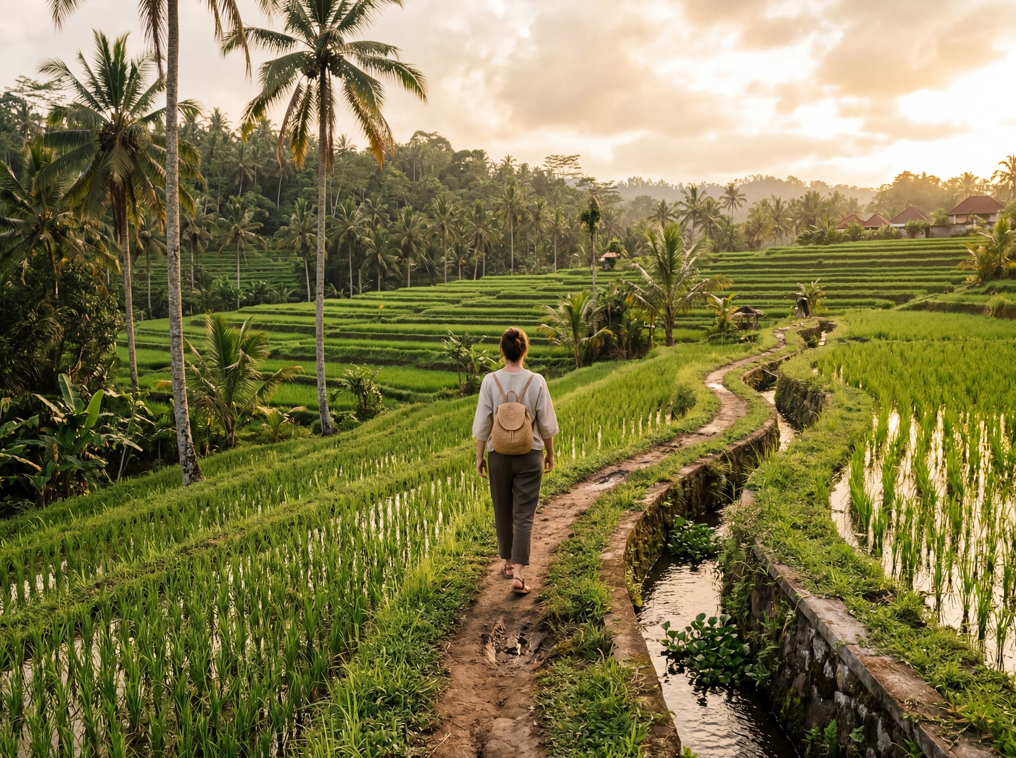 A quiet rice field path or lane in the Penestanan or Sayan area outside central Ubud, Bali — narrow path between green paddies, a single traveler or local walking, soft light, illustrating the article's recommendation to stay outside the center for rice-field quiet